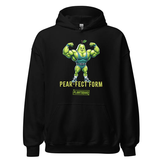 Plantsquad Pear "Pear-fect Form" - Unisex Hoodie featuring a cozy fabric and an illustration of a muscular pear cartoon flexing its biceps while wearing a blue weightlifting belt. The text underneath the pear reads "Pear-Fect Form" and below that is the logo "PlantSquad," perfect for showcasing your vegan lifestyle.