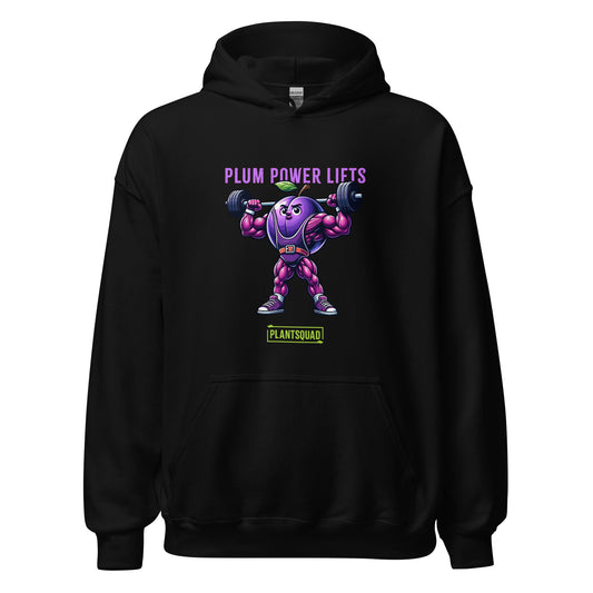 **Plantsquad Plum "Plum Power Lifts" - Unisex Hoodie** featuring a muscular cartoon plum character lifting barbells. Above the character, the text reads "PLUM POWER LIFTS" in purple letters. Below the character, the text reads "PLANT SQUAD" in green letters, perfect for those embracing a plant-based or vegan lifestyle.