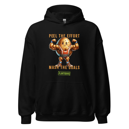 The Plantsquad Potato "Peel The Effort Mash The Goals" - Unisex Hoodie features a muscular potato character lifting weights. Above and below the potato, texts read "Peel The Effort" and "Mash The Goals." Promoting a vegan lifestyle, the word "PlantSquad" is displayed beneath the potato graphic.