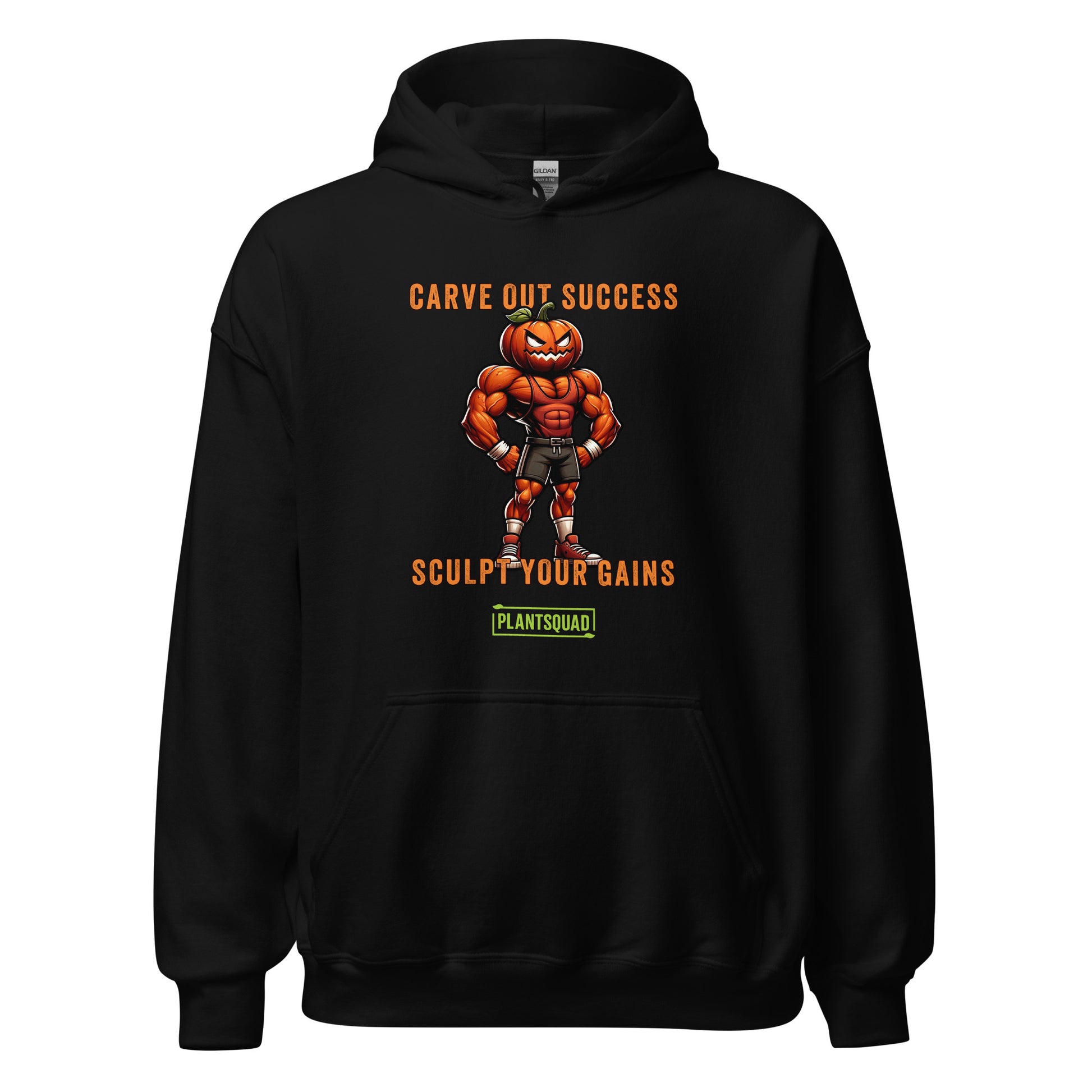 A black weight lifting hoodie features an illustration of a muscular pumpkin-headed figure in workout attire. The text above and below reads "Carve Out Success" and "Sculpt Your Gains," with a small "PlantSquad" logo at the bottom, celebrating the vegan lifestyle. This is the Plantsquad Pumpkin "Carve Out Your Success Sculpt Your Gains" - Unisex Hoodie.