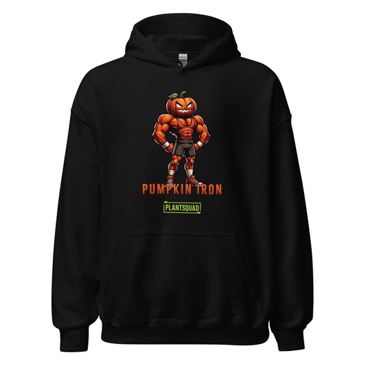 The Plantsquad Pumpkin "Pumpkin Iron" - Unisex Hoodie showcases a muscular pumpkin design, with a cartoon character flexing its muscles under the text "PUMPKIN IRON" in vibrant orange. Below, a green bar labeled "PLANTSQUAD" represents the vegan lifestyle, creating the perfect blend of fitness and plant-based living.