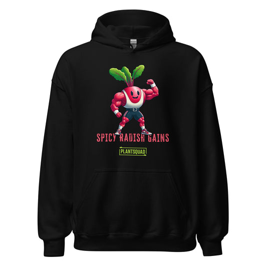 A Plantsquad Radish "Spicy Radish Gains" - Unisex Hoodie made of cozy fabric displays a cartoon radish character with muscular arms, flexing one arm. The radish has a smiling face and green leaves on top. Below it, the text reads "SPICY RADISH GAINS" in bold red letters, with a green banner reading "PLANTSQUAD" underneath—a perfect fit for the vegan lifestyle and weight lifting enthusiasts.