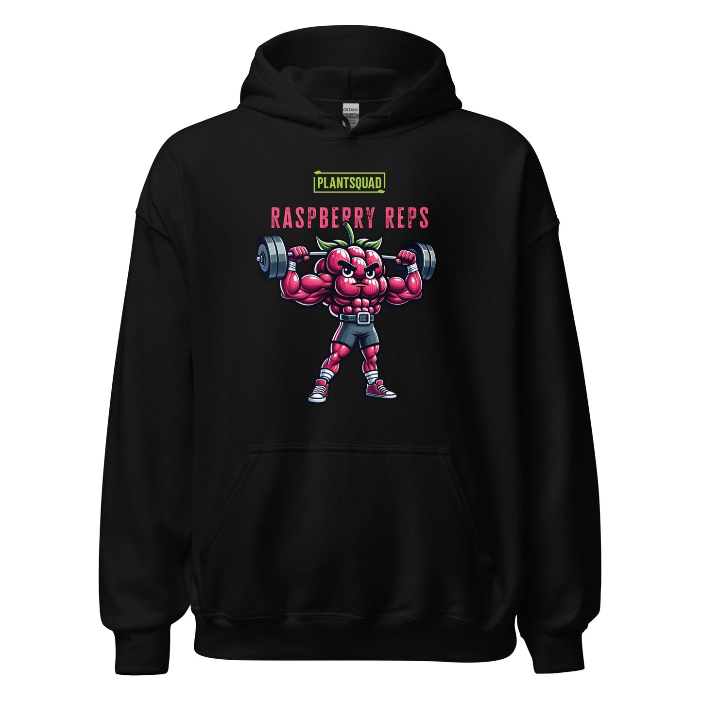 A black weight-lifting Plantsquad Raspberry "Raspberry Reps" - Unisex Hoodie featuring a muscular, animated raspberry character lifting a barbell. The text above the character reads "PLANTSQUAD" and below it says "Raspberry Reps." Perfect for gym enthusiasts embracing a plant-based vegan lifestyle, the design is colorful and playful, emphasizing fitness with a fun, fruity twist.