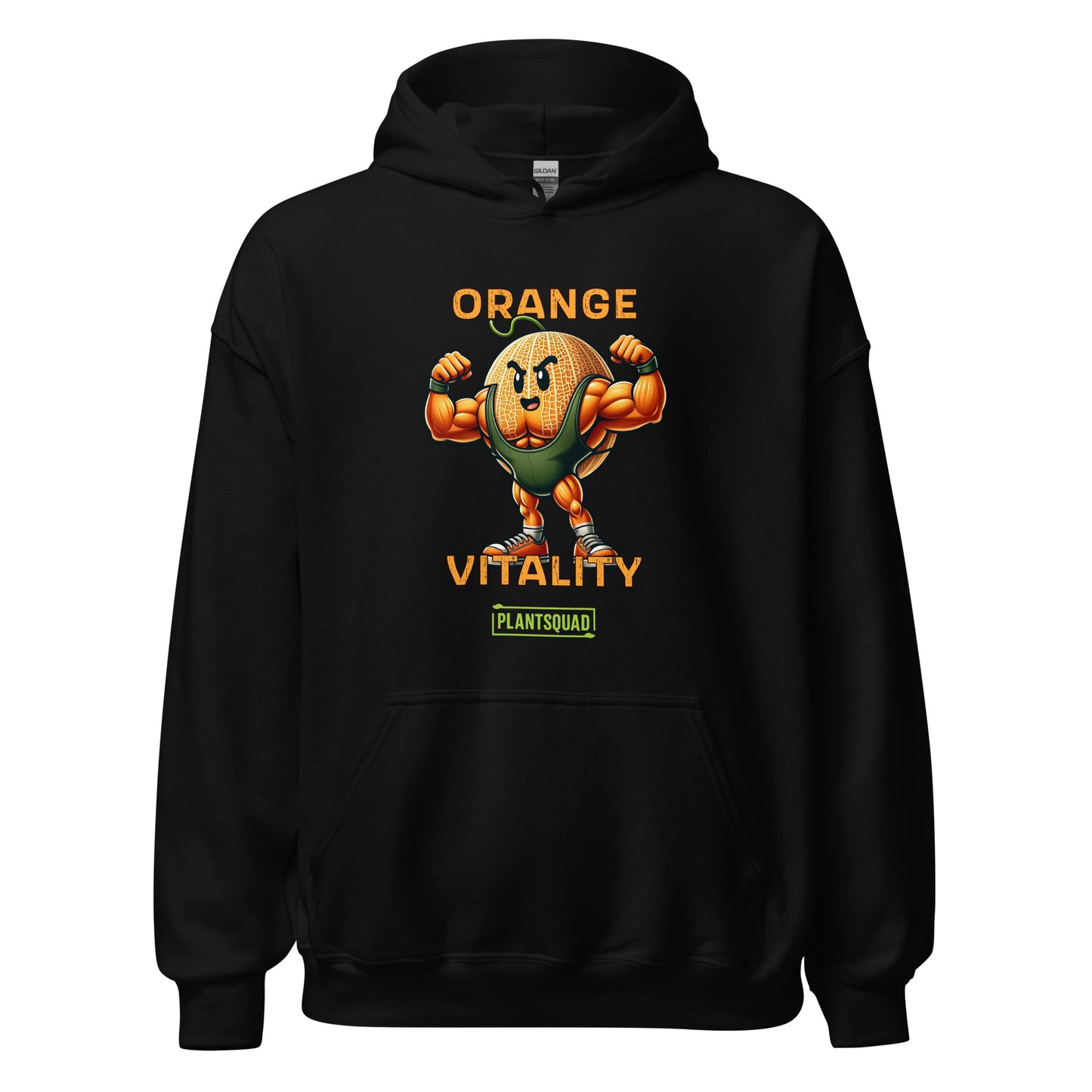 A black hooded sweatshirt boasts a muscular, cartoon orange with a fierce expression, flexing its arms. Above the orange, text reads "ORANGE VITALITY." Below it, a logo with the text "PLANTSQUAD" celebrates the vegan lifestyle. The product is called Plantsquad Rockmelon "Orange Vitality"" - Unisex Hoodie.