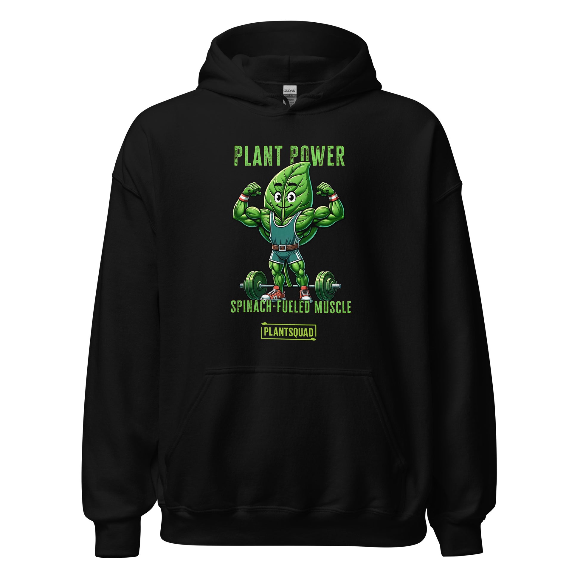 The Plantsquad Spinach "Plant Power Spinach Fueled Muscle" - Unisex Hoodie features a muscular cartoon spinach leaf character lifting weights with the text "PLANT POWER" above and "SPINACH FUELED MUSCLE" below. Perfect for gym enthusiasts embracing a vegan lifestyle, there’s a small "PLANTSQUAD" label at the bottom.