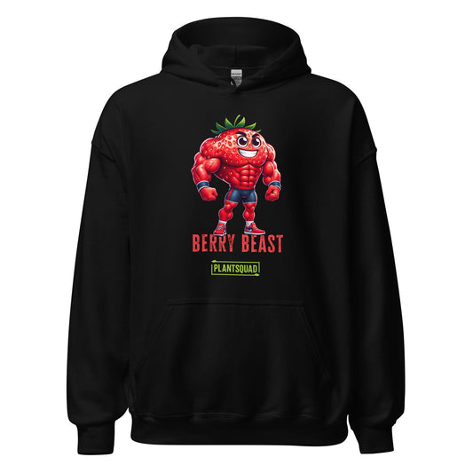 A Plantsquad Strawberry "Berry Beast" - Unisex Hoodie featuring a cartoonish, muscular strawberry character wearing red shorts and gloves. The character stands confidently with the text "Berry Beast" above and "Plant Squad" below—perfect for those embracing the vegan lifestyle.