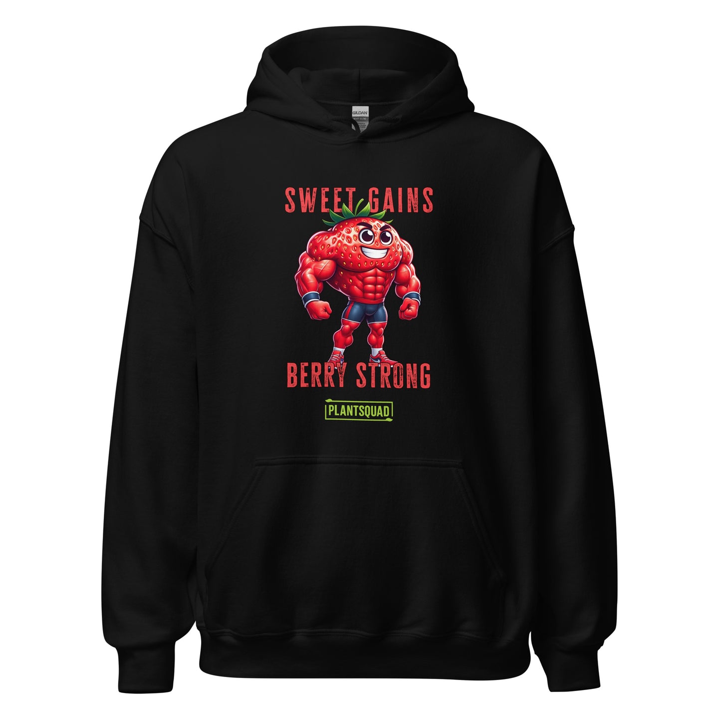 A black Plantsquad Strawberry "Sweet Gains Berry Strong" - Unisex Hoodie featuring a muscular, anthropomorphic strawberry character at the center, perfect for embracing a vegan lifestyle. Text above the strawberry reads "Sweet Gains" and below it reads "Berry Strong" with a small "PlantSquad" logo underneath. Made from cozy fabric, ideal for post-weight lifting comfort.