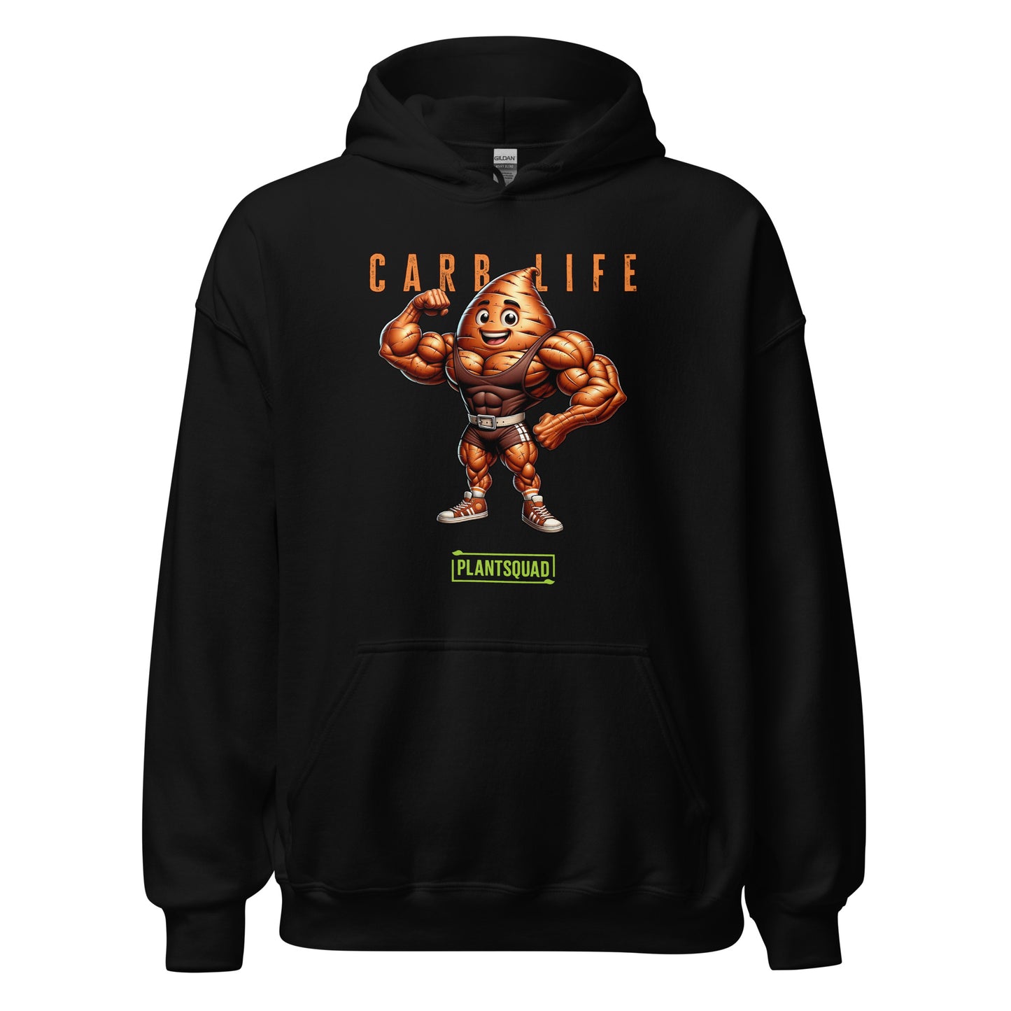 A Plantsquad Sweet Potato "Carb Life" - Unisex Hoodie featuring a cartoon image of a muscular vegetable with a smiling face. Above the image is the text "CARB LIFE" in orange letters, and below it is a green and white logo that reads "PLANTSQUAD." Made from cozy fabric, it's perfect for those embracing a vegan lifestyle.