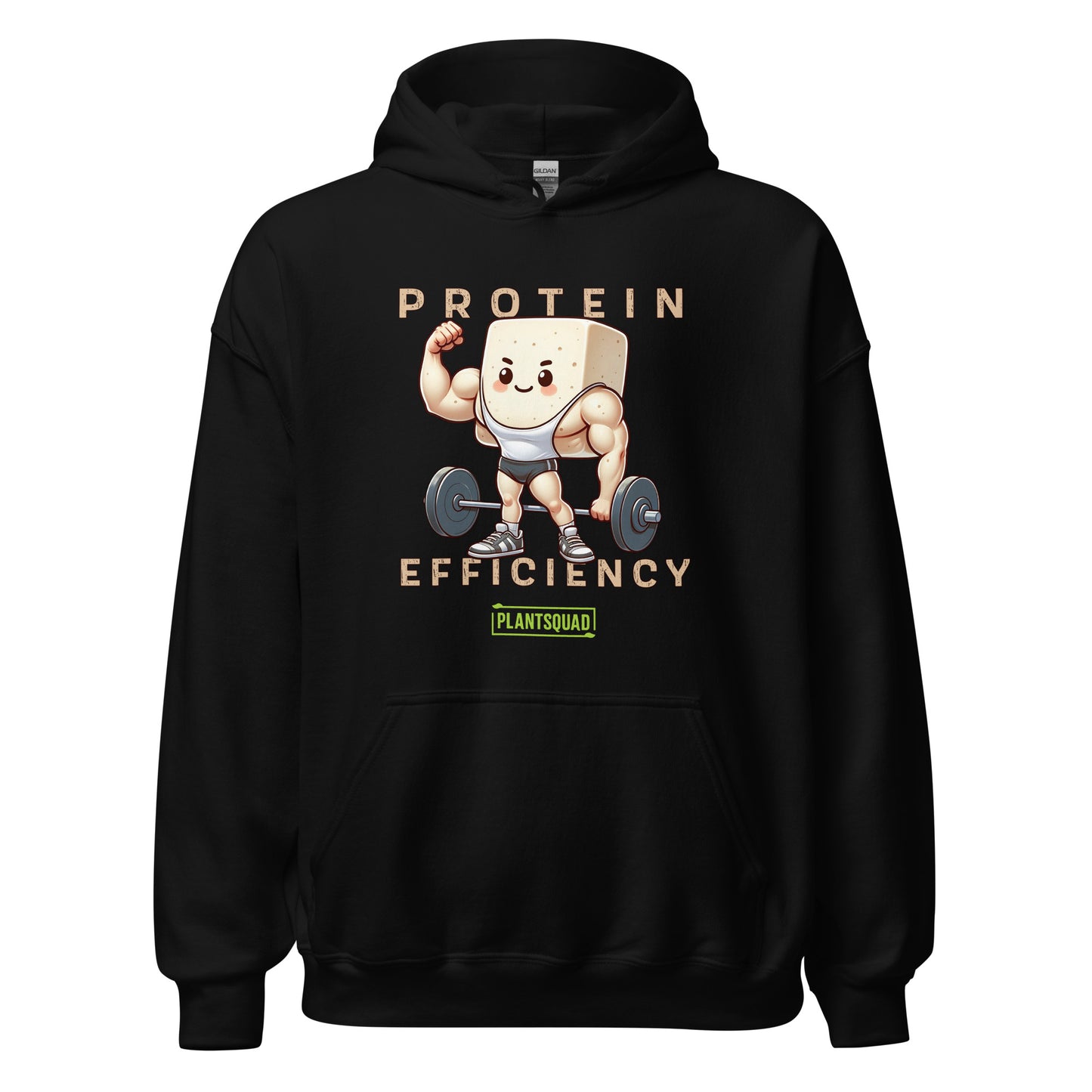 This Plantsquad Tofu "Protein Efficiency" - Unisex Hoodie features an illustration of a muscular cartoon tofu character lifting a barbell, celebrating the vegan lifestyle. The text above and below reads "PROTEIN EFFICIENCY." Below the illustration, there's a small logo that says "PLANTSQUAD.