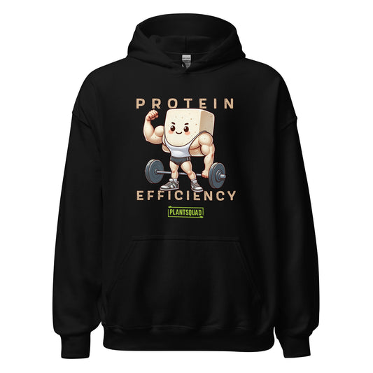 This Plantsquad Tofu "Protein Efficiency" - Unisex Hoodie features an illustration of a muscular cartoon tofu character lifting a barbell, celebrating the vegan lifestyle. The text above and below reads "PROTEIN EFFICIENCY." Below the illustration, there's a small logo that says "PLANTSQUAD.