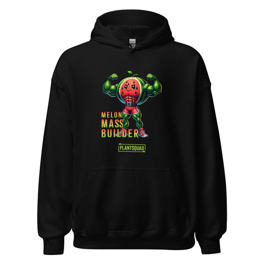 The Plantsquad Watermelon "Melon Mass Builder" - Unisex Hoodie features an illustration of a muscular watermelon character flexing its arms. The text reads "Melon Mass Builder" above and "Plant Squad" below. Made from cozy fabric, it's perfect for those embracing a vegan lifestyle with a pop of red, green, and yellow colors.