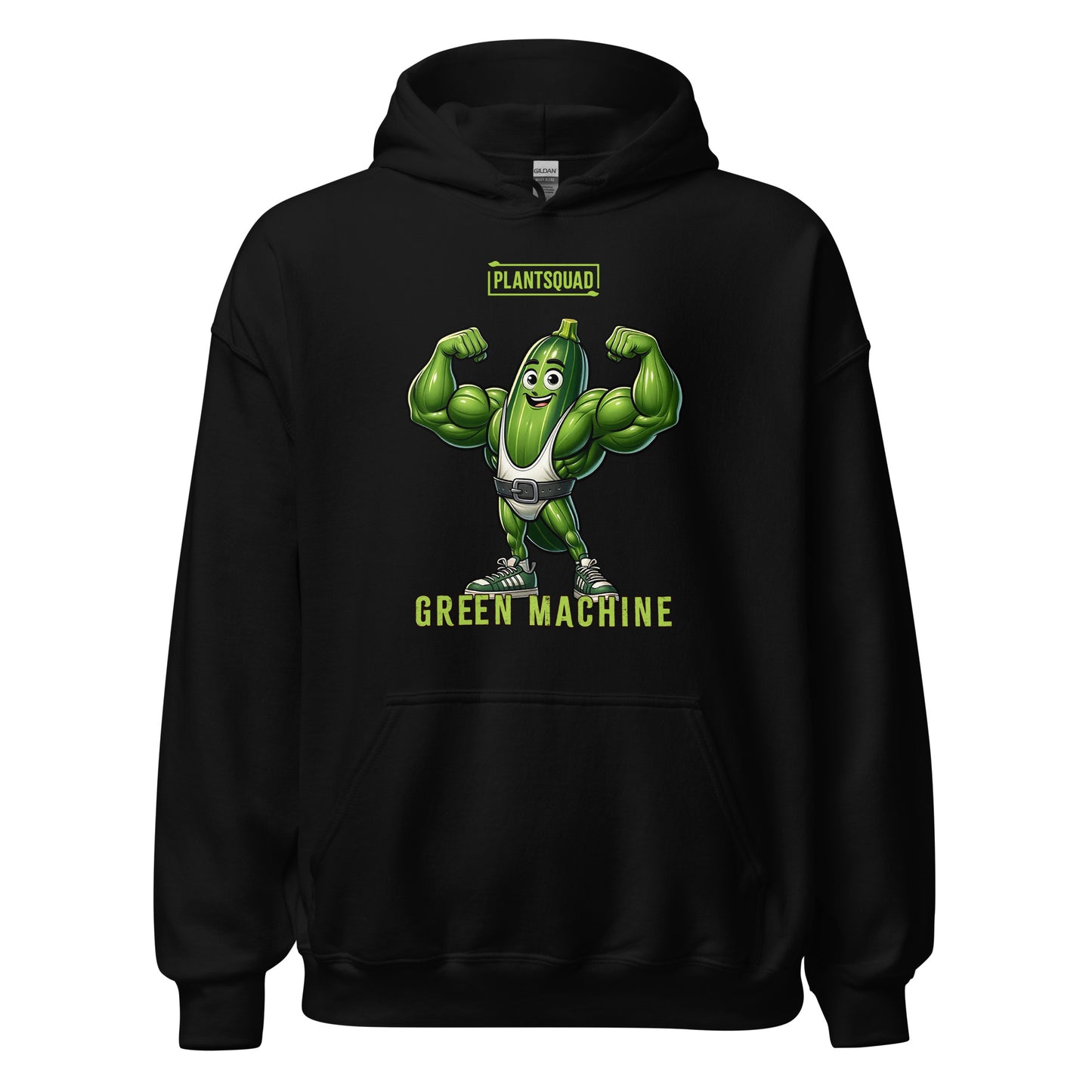 A black hoodie featuring a muscular cucumber character flexing its arms. Above the character, the text reads "PLANTSQUAD," and below it, "GREEN MACHINE" in lime-green, blocky font. This Plantsquad Zucchini "Green Machine" - Unisex Hoodie has a front pocket and a drawstring hood, perfect for those embracing a plant-based lifestyle.