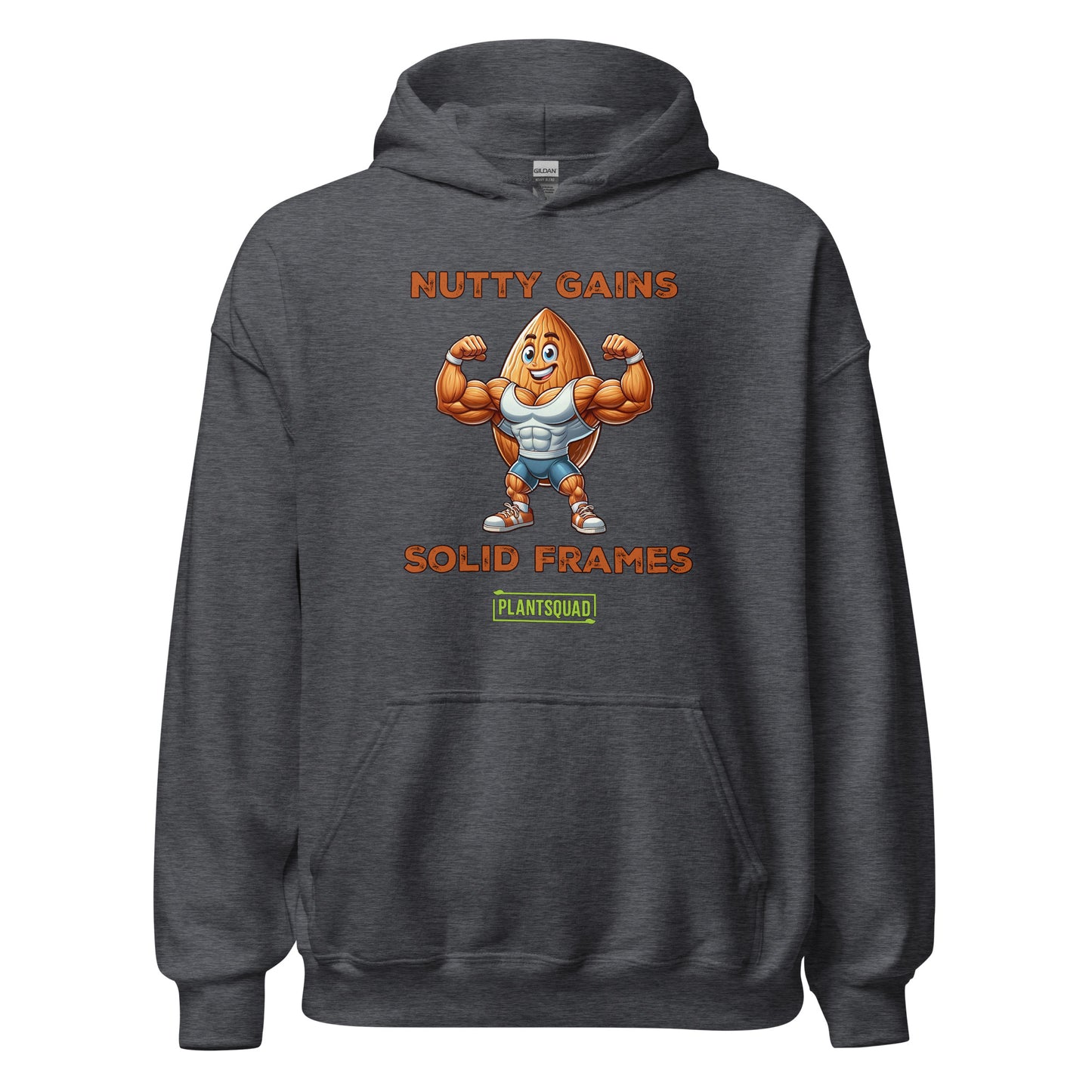 A black Plantsquad Almond "Nutty Gains Solid Frames" - Unisex Hoodie displays a muscular peanut character flexing its biceps with the text "Nutty Gains" above and "Solid Frames" below. The logo "Plant Squad" is at the bottom, perfect for gym enthusiasts. The design is bold, humorous, and fitness-themed.