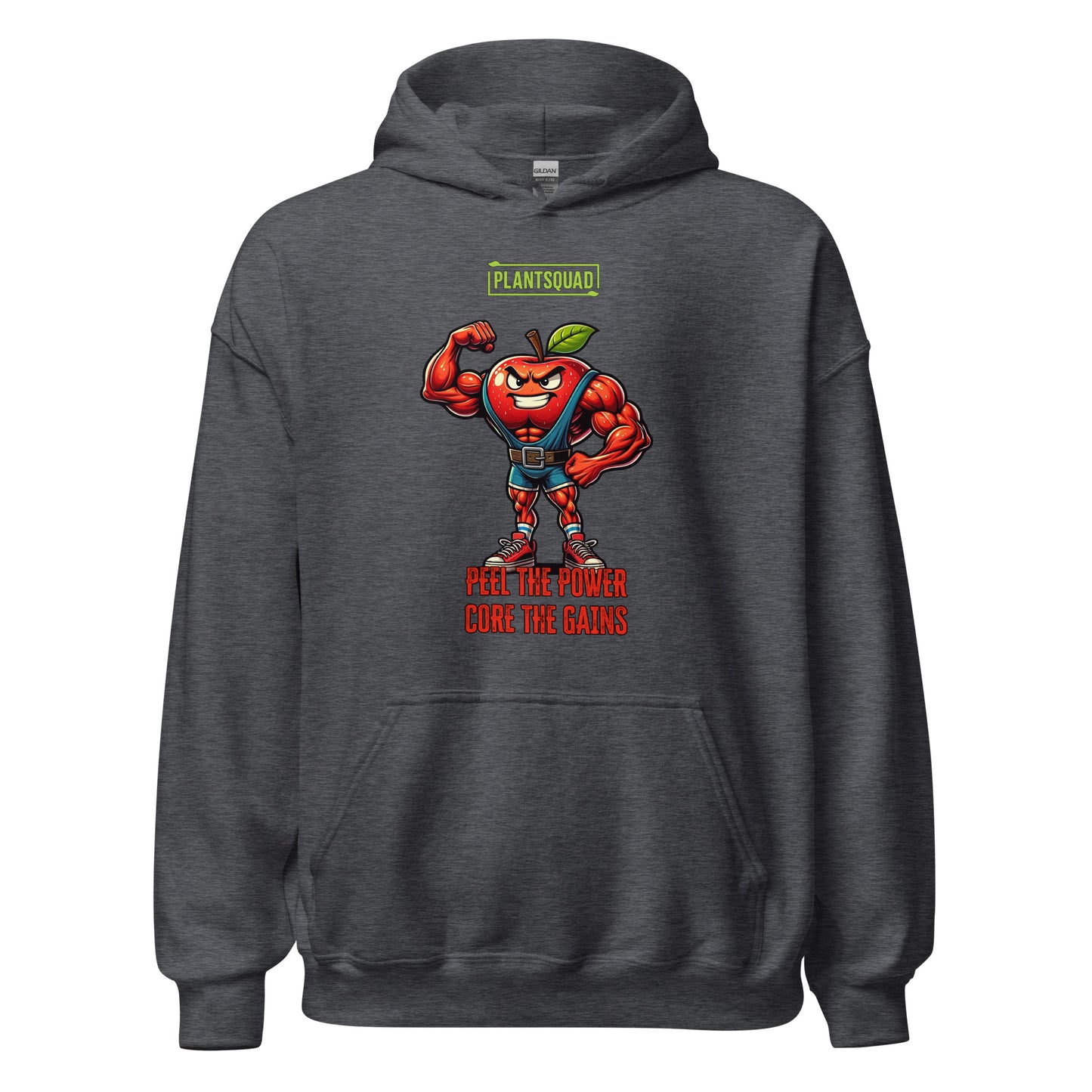 The Plantsquad Apple "Peel The Power Core The Gains" - Unisex Hoodie features a black vegan design with a muscular, anthropomorphic apple character in a fitness pose. The red apple, with a determined expression, is wearing a weightlifting belt. Above, it says 'PLANTSQUAD,' and below, 'PEEL THE POWER, CORE THE GAINS' in bold red text. Perfect for embracing your plant-based lifestyle.