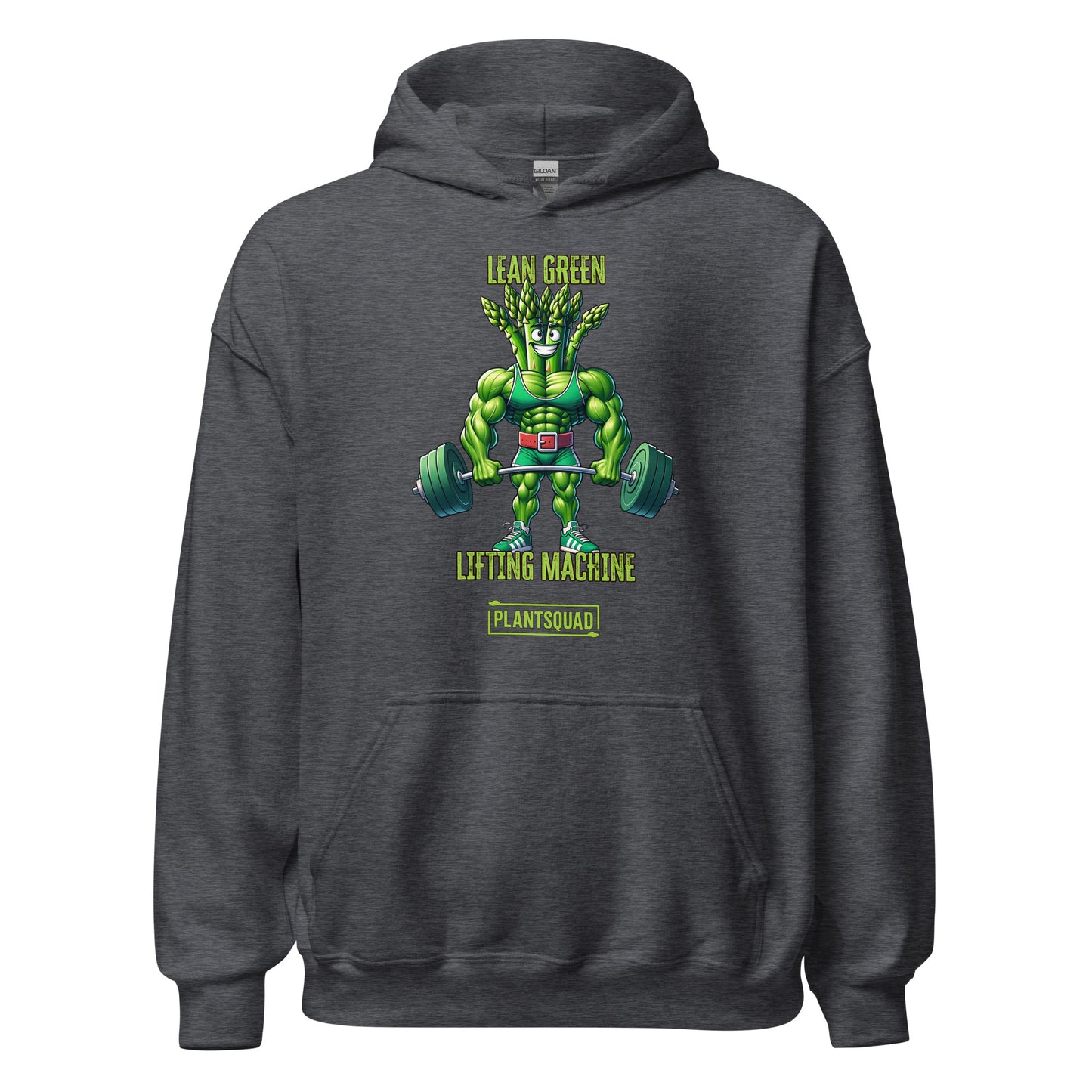 A black weight lifting hoodie featuring a muscular, green, humanoid plant character lifting two large dumbbells. Above the character are the words "Lean Green Lifting Machine" in green, and "PLANT SQUAD" is written below. Perfect vegan gym apparel for those embracing a plant-based lifestyle. Introducing the Plantsquad Asparagus "Lean Green Lifting Machine" - Unisex Hoodie.