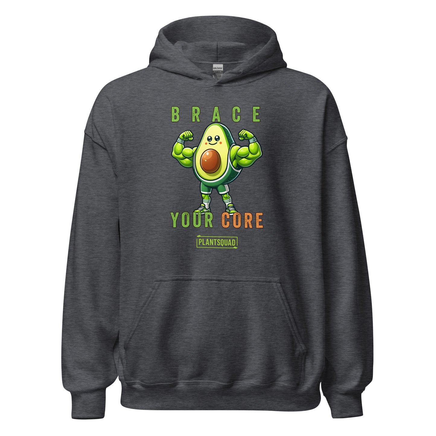 Plantsquad Avocado "Brace Your Core" - Unisex Hoodie featuring a muscular avocado cartoon flexing its arms. Text above the avocado reads "Brace," and below it says "Your Core" in green and orange letters. The bottom text reads "PLANT SQUAD" in a green box. Embrace the vegan lifestyle with this cozy fabric, perfect for weight lifting and more.