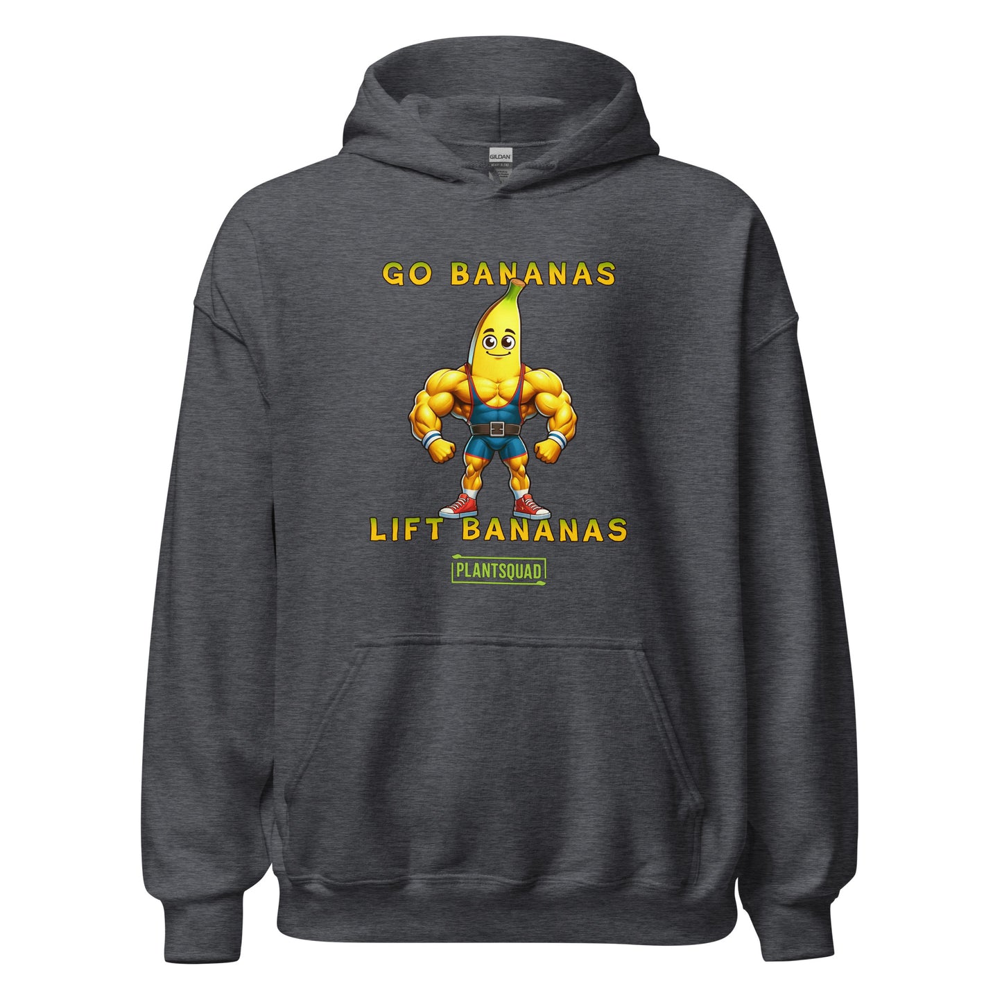 A black vegan hoodie featuring a muscular cartoon banana character flexing its arms. The text above the character reads "GO BANANAS" and below the character reads "LIFT BANANAS." There is a small "PLANTSQUAD" logo beneath the character, ideal for those embracing a plant-based lifestyle and weight lifting apparel. The product name is Plantsquad Banana "Go Bananas Lift Bananas" - Unisex Hoodie.