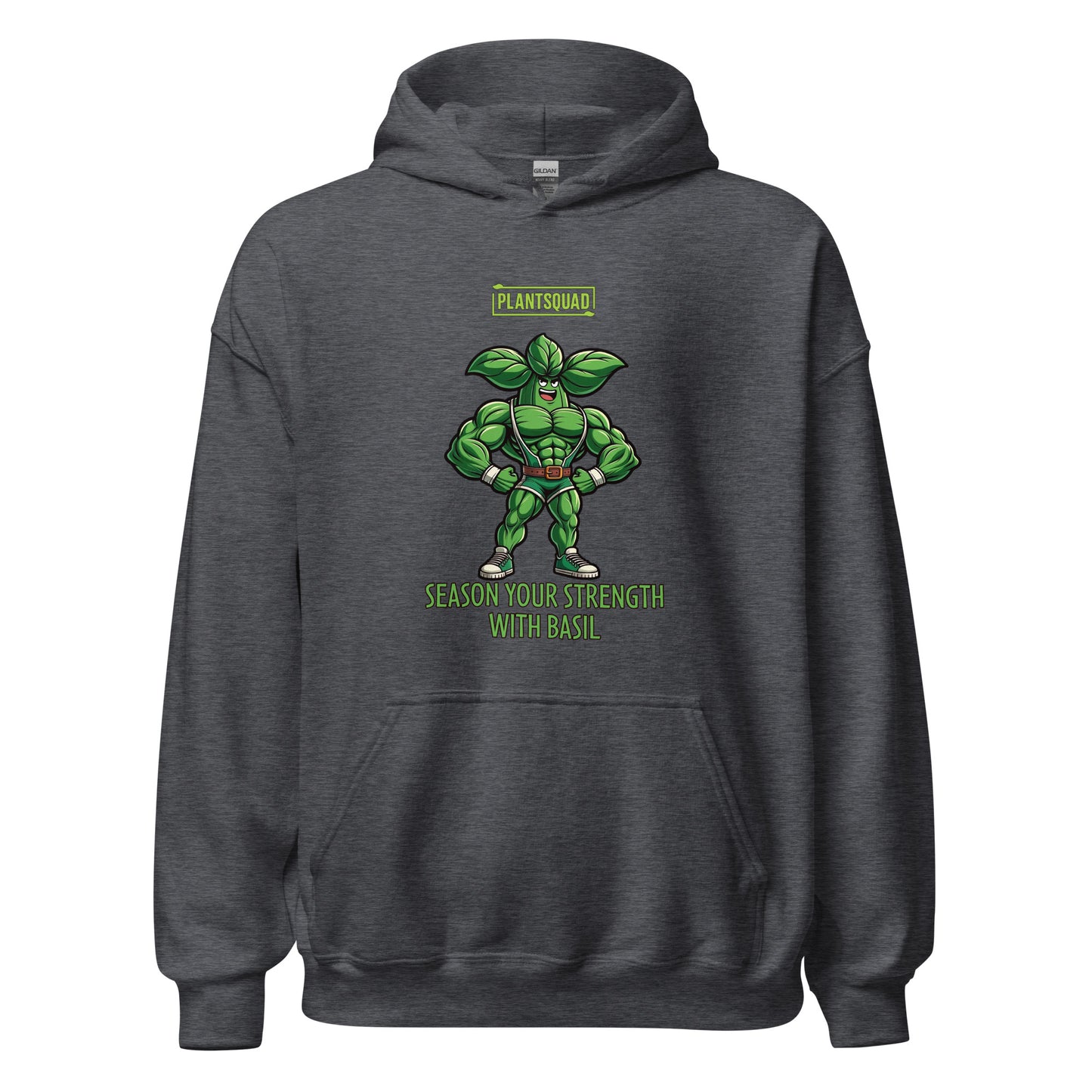 The Plantsquad Basil "Season Your Strength With Basil" - Unisex Hoodie features a muscular cartoon basil character, aptly named Basil, standing with arms crossed. Above Basil, a green logo reads "PLANTSQUAD." Below him, the text says, "SEASON YOUR STRENGTH WITH BASIL." Embrace the vegan lifestyle and cozy fabric while flaunting your love for weight lifting.