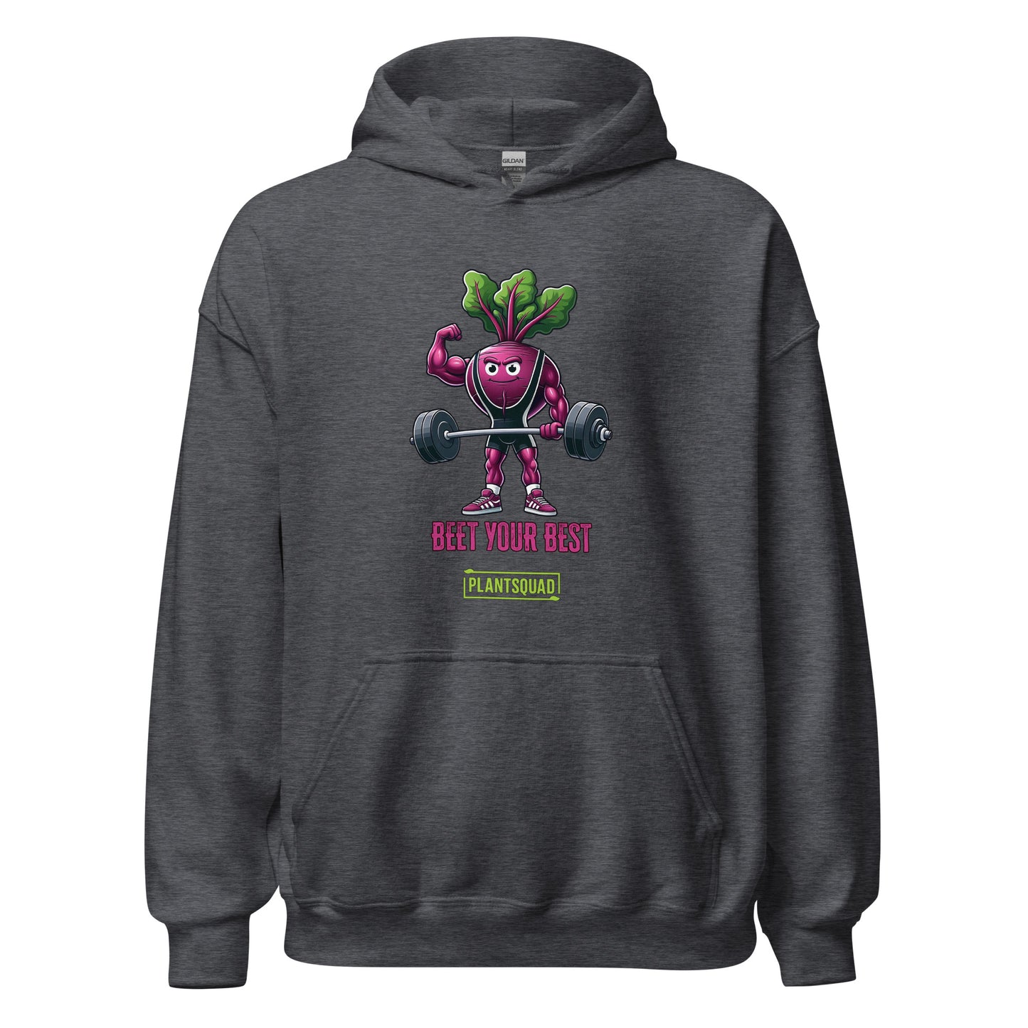 Enjoy the Plantsquad Beetroot "Beet Your Best" - Unisex Hoodie, a black hoodie made of cozy fabric featuring an illustrated beetroot lifting barbells, with leaves as hair, under the text "BEET YOUR BEST" in bold pink letters. Embrace your vegan lifestyle with the small green box below the beetroot character that reads "PLANTSQUAD.