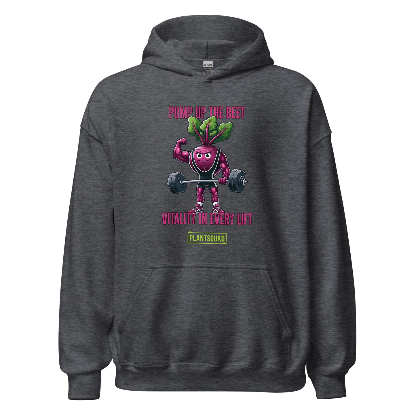 A Plantsquad Beetroot "Pump Up The Beet Vitality In Every Lift" - Unisex Hoodie featuring a muscular beetroot design lifting dumbbells. Above the beet, the text reads "PUMP UP THE BEET," and below it says "VITALITY IN EVERY LIFT." Made from cozy fabric, it perfectly complements your vegan lifestyle. The logo "PLANT SQUAD" is printed at the bottom.