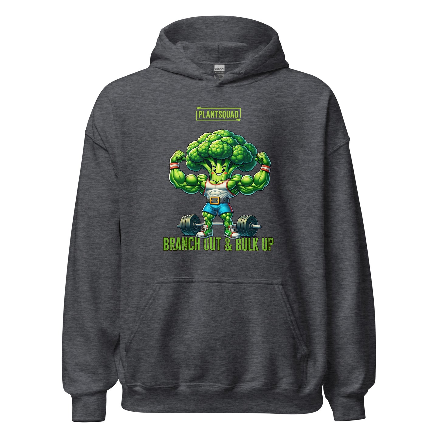 A Plantsquad Broccoli "Branch Out & Bulk Up" - Unisex Hoodie made from cozy fabric features an illustration of a muscular, anthropomorphic broccoli lifting dumbbells. The text above reads "PLANTSQUAD" and below reads "BRANCH OUT & BULK UP!" Perfect for those embracing a vegan lifestyle, the hoodie has a front pocket and a drawstring hood.