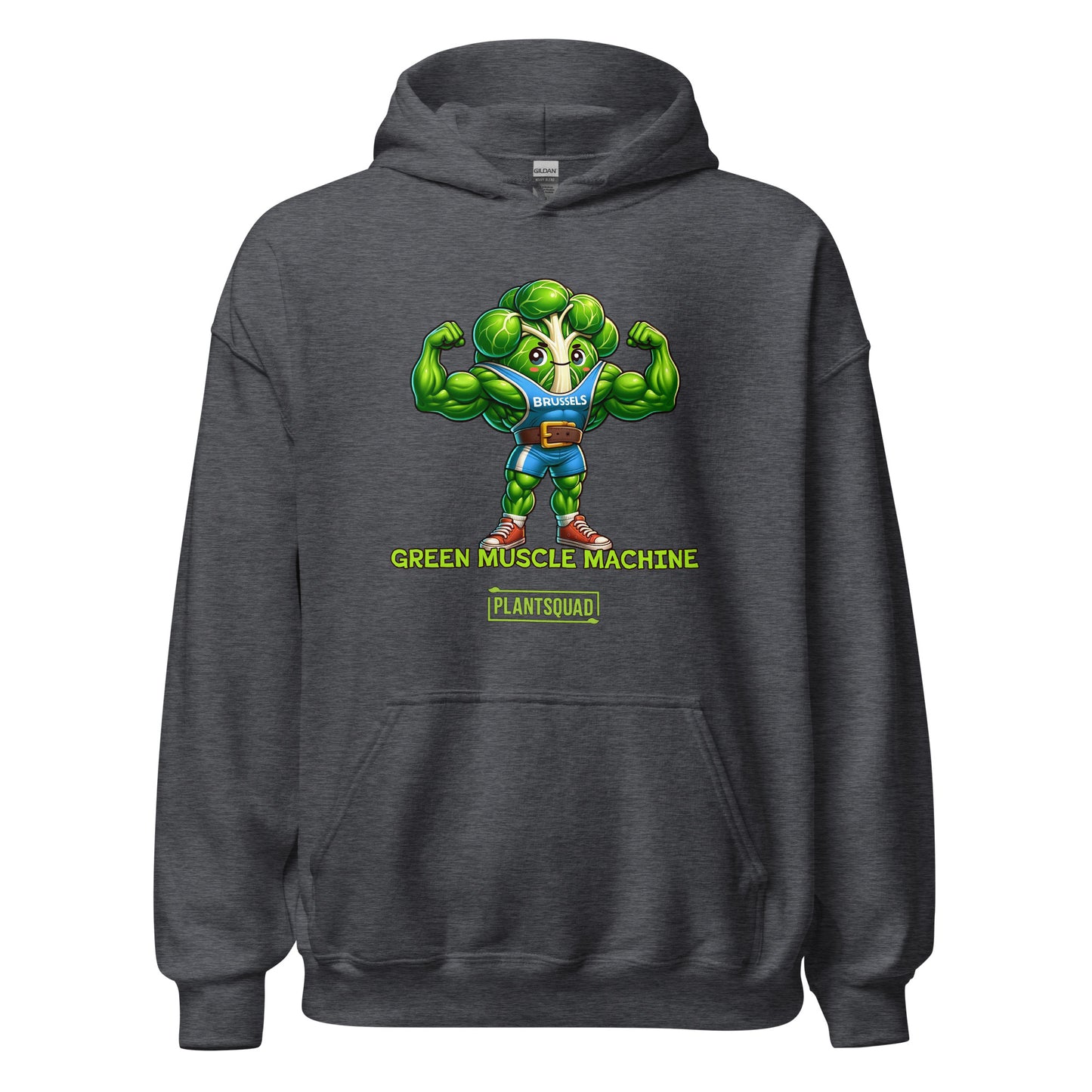 A black **Plantsquad Brussel Sprout "Green Muscle Machine" - Unisex Hoodie** featuring a muscular, anthropomorphic broccoli character flexing its arms. Text below the character reads "GREEN MUSCLE MACHINE" with "PLANTSQUAD" underneath—perfect for those embracing a plant-based lifestyle and seeking stylish vegan gym wear.