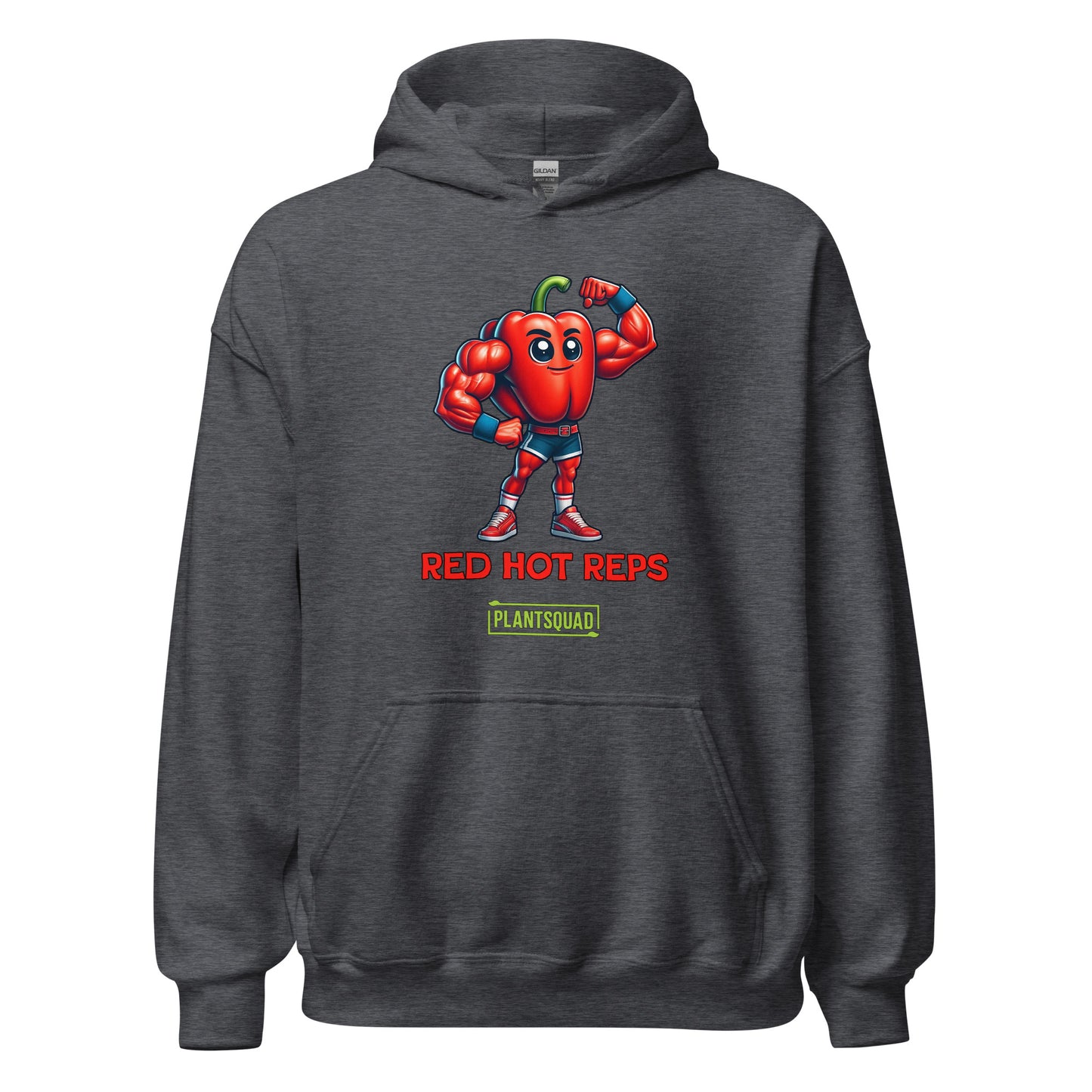 The Plantsquad Capsicum "Red Hot Reps" - Unisex Hoodie features a cartoon muscular red bell pepper character flexing its arms. The text "RED HOT REPS" is printed in red below the character, with "PLANTSQUAD" in green beneath it. Perfect workout clothing, the hoodie has a front pocket and drawstrings at the neck.