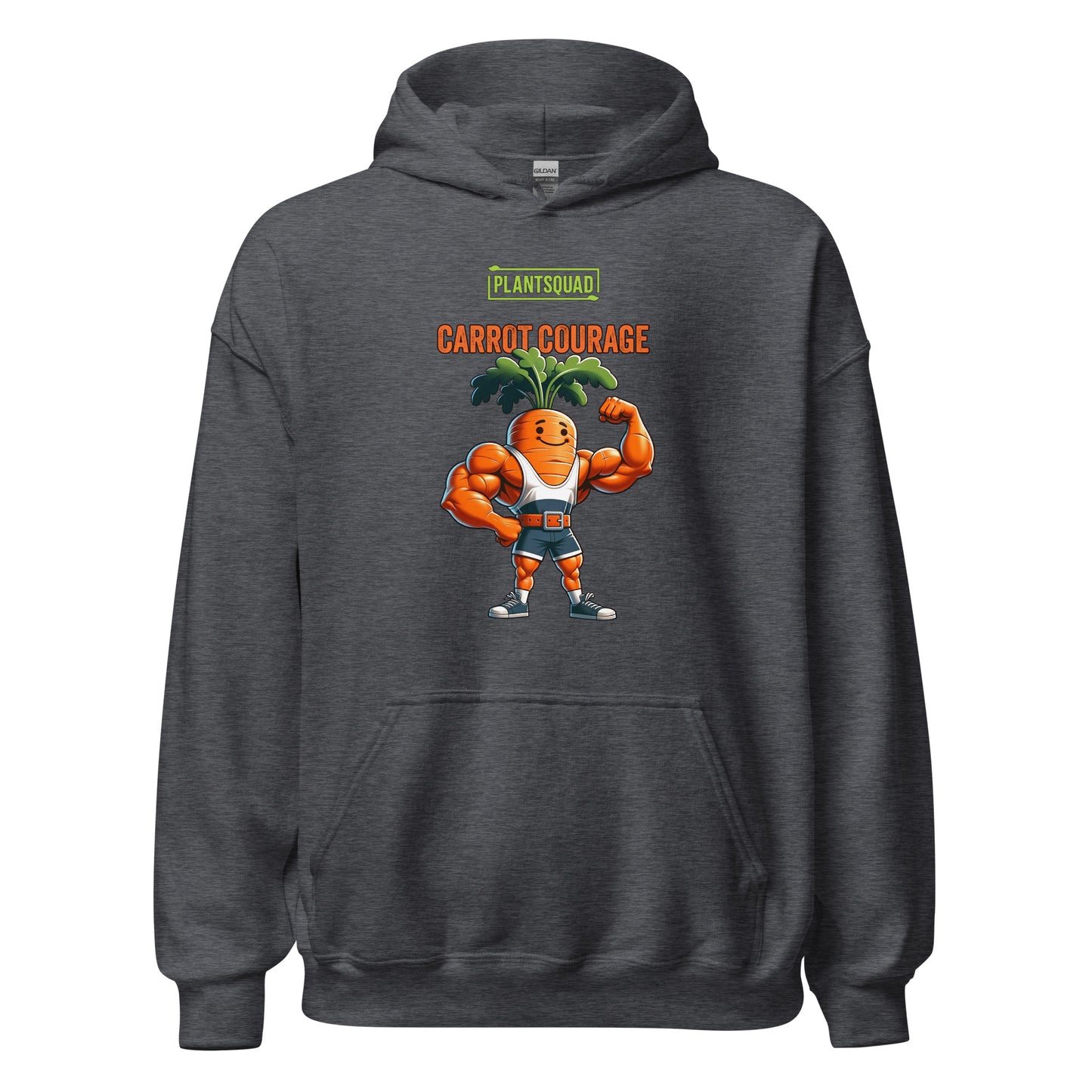 A Plantsquad Carrot "Carrot Courage" - Unisex Hoodie featuring a cartoon image of a muscular carrot character with green leafy hair, flexing its arms. Above the carrot, the text reads "PLANTSQUAD" and "CARROT COURAGE" in bold letters, perfect for those embracing the vegan lifestyle.