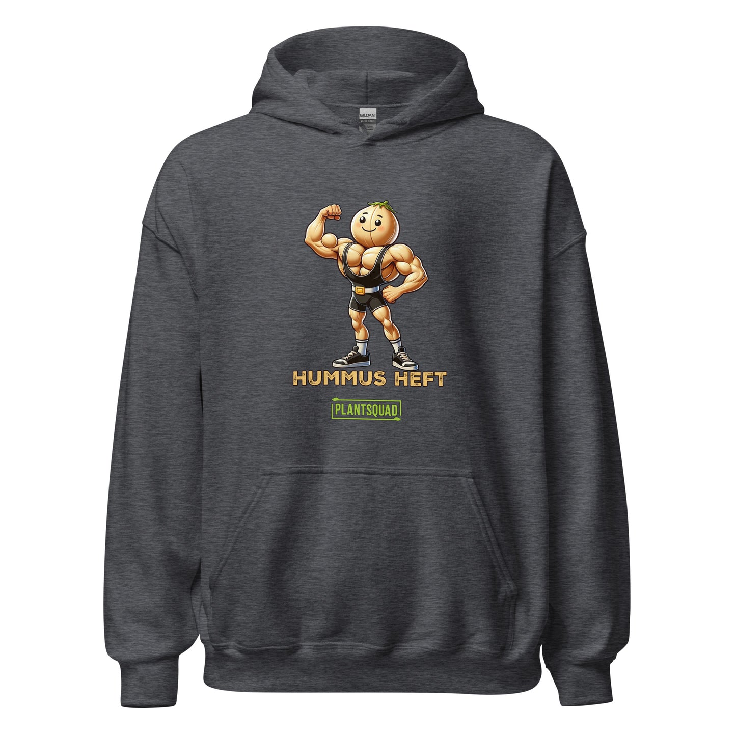 The Plantsquad Chickpea "Hummus Heft" - Unisex Hoodie features a black hooded sweatshirt with a cartoon hummus mascot flexing its biceps, embodying the weight-lifting chickpea spirit. The text "Hummus Heft" is printed below the character, with "PLANTSQUAD" in a green box underneath, perfect for showcasing your vegan lifestyle.