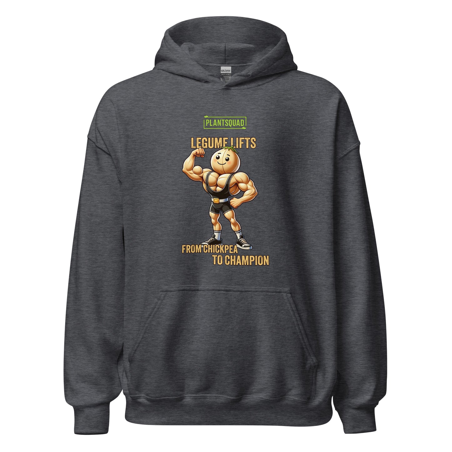 A black Plantsquad Chickpea "Legume Lifts" - Unisex Hoodie features a muscular chickpea cartoon character lifting a dumbbell. Above the character, text reads "Plantsquad" and "Legume Lifts." Below, it says "From Chickpea to Champion." The design is centered on the chest area of the hoodie, perfect for showing off your vegan lifestyle.