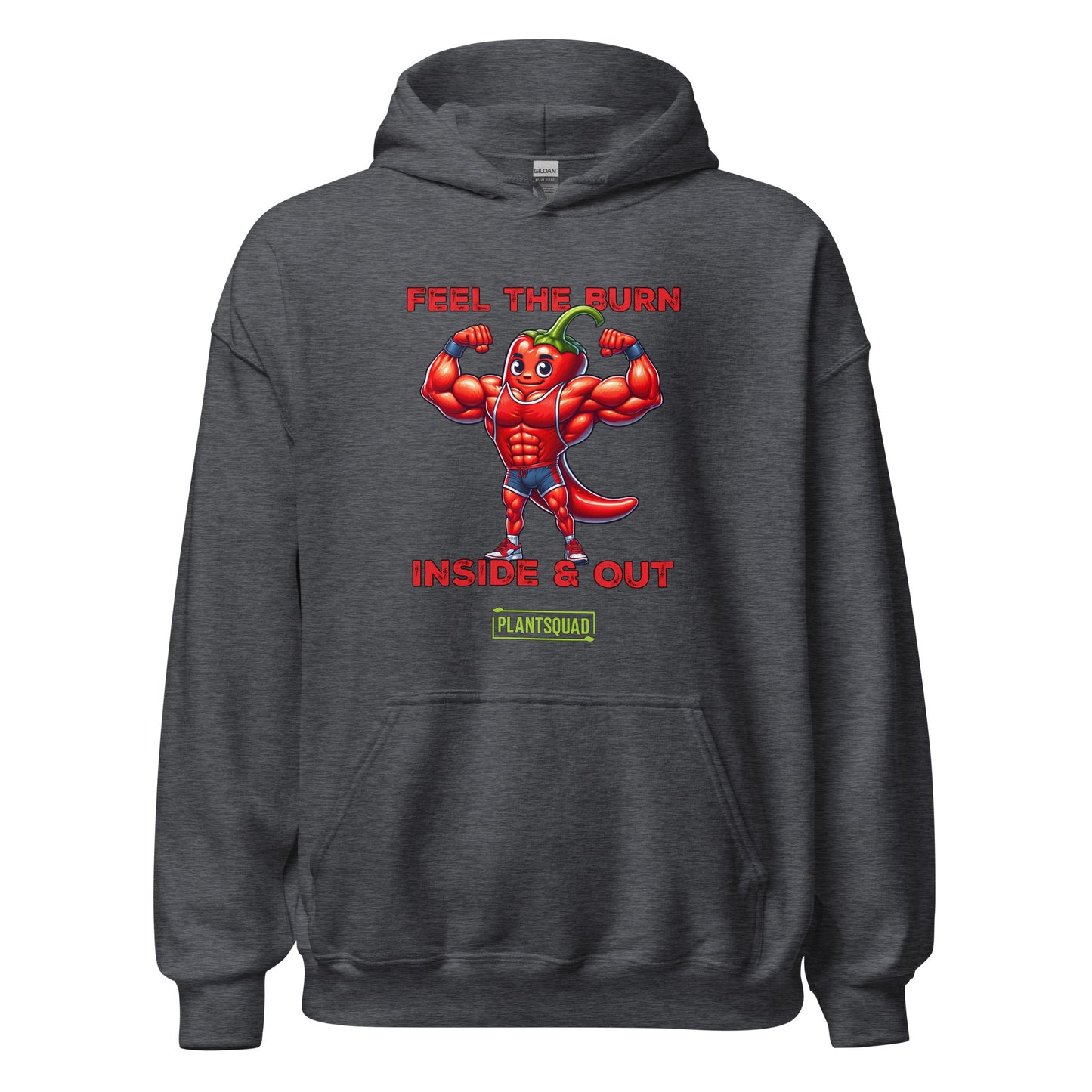 The Plantsquad Chilli "Feel The Burn Inside & Out" - Unisex Hoodie is a black weight lifting hoodie with a design of a muscular cartoon chili pepper flexing its muscles. The text above reads "Feel the Burn" and below it reads "Inside & Out." The bottom text features the logo "PlantSquad" in green and white, perfect for showcasing your plant-based, vegan lifestyle.