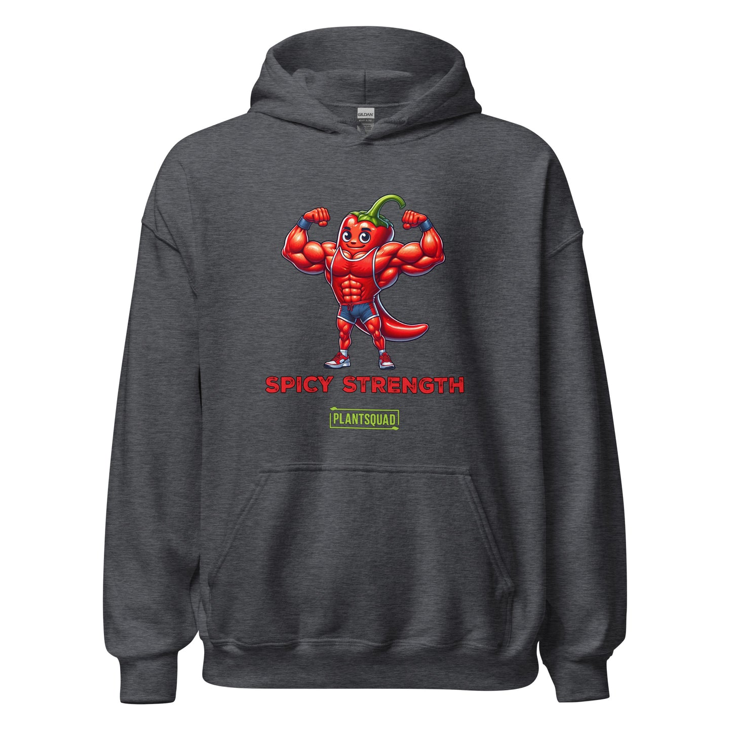 The Plantsquad Chilli "Spicy Strength" - Unisex Hoodie features a cartoon muscular chili pepper character flexing its biceps. The text "SPICY STRENGTH" is written below in red, bold letters. Lower on the hoodie, there is a green rectangular label with the text "PLANTSQUAD" in white, perfect for anyone embracing the vegan lifestyle.