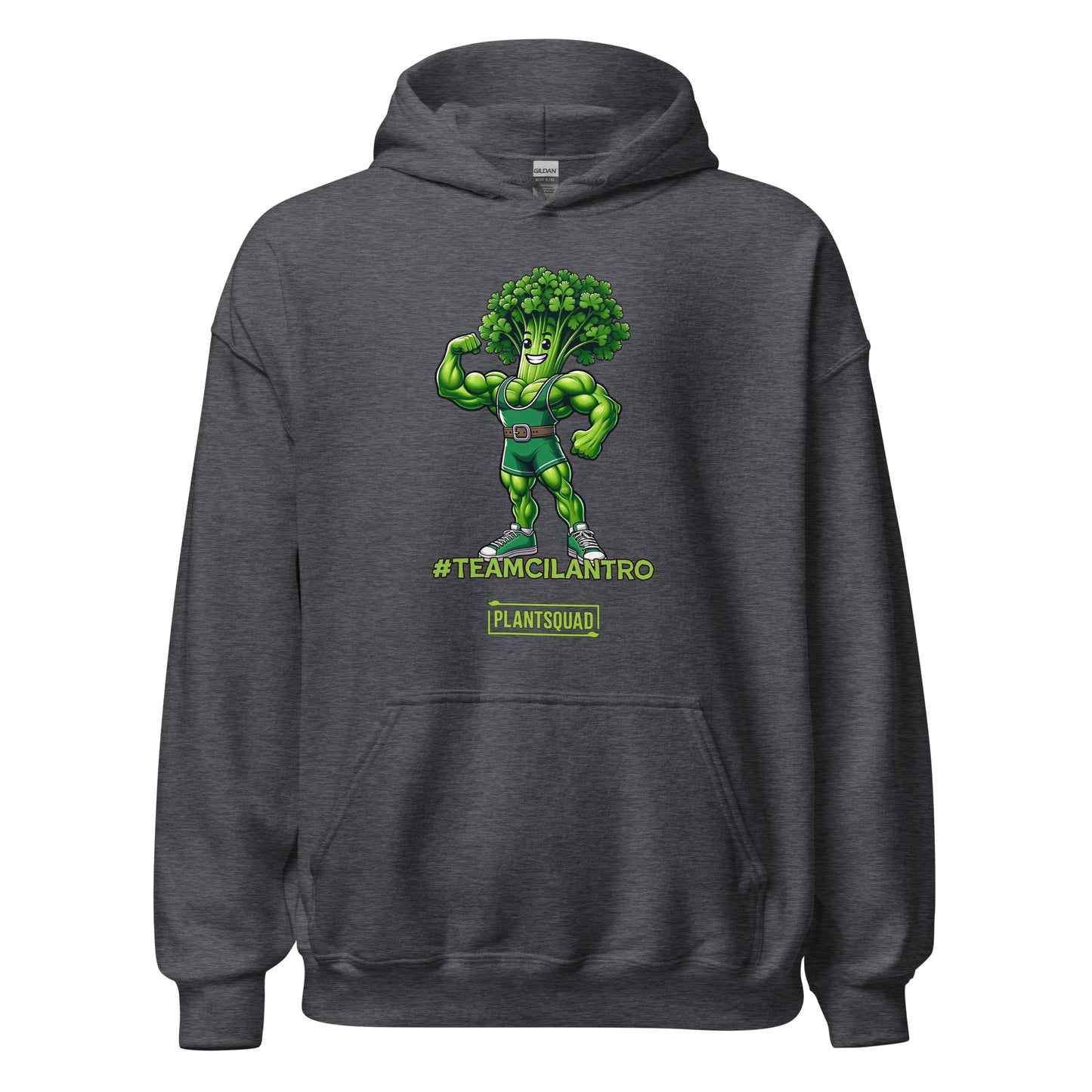 The Plantsquad Cilantro "Team Cilantro" - Unisex Hoodie features a cartoon of a muscular, flexing cilantro superhero, perfect for those embracing a vegan lifestyle. The character has a leafy head, an eye mask, and a belt. Below the character, the text reads "#TEAMCILANTRO" and "PLANTSQUAD.