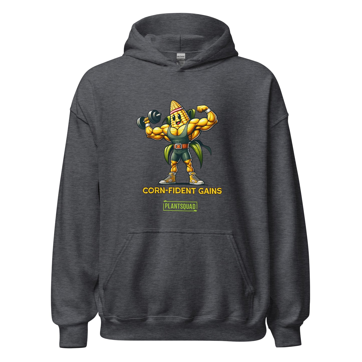 Black hoodie featuring a muscular anthropomorphic corn cob character flexing its biceps. The text beneath the character reads "CORN-fident Gains" with "PLANTSQUAD" in a green box below. Perfect for gym enthusiasts who embrace a plant-based lifestyle, this Plantsquad Corn "Corn-fident Gains" - Unisex Hoodie exudes confidence with every wear.