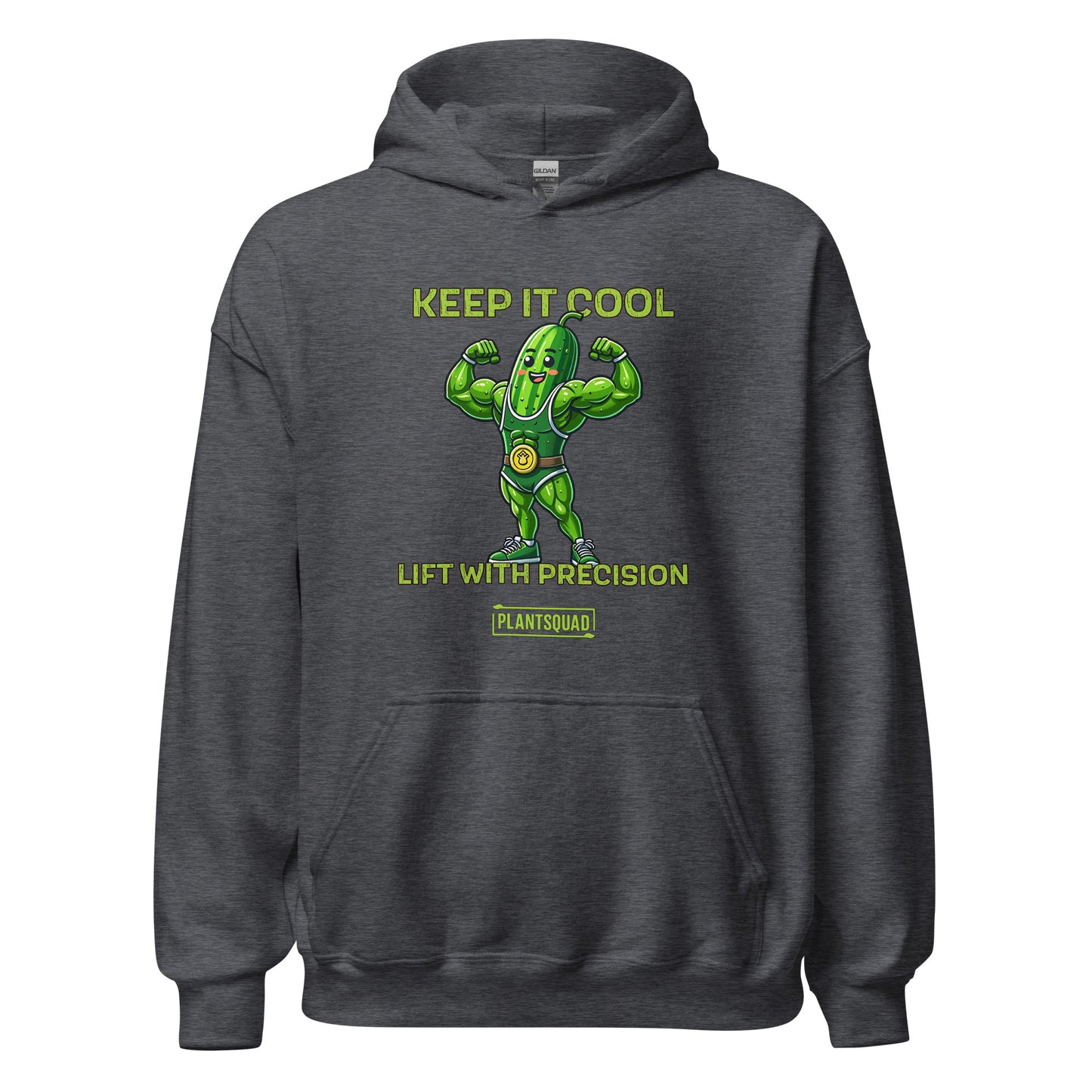 A black hoodie featuring a muscular green pickle character flexing its arms. Above the character, it says "KEEP IT COOL," and below, "LIFT WITH PRECISION." The word "PLANTSQUAD" is written on a banner beneath the pickle, perfect for those embracing a plant-based vegan lifestyle while weight lifting—this is the Plantsquad Cucumber "Keep It Cool Lift With Precision" - Unisex Hoodie.