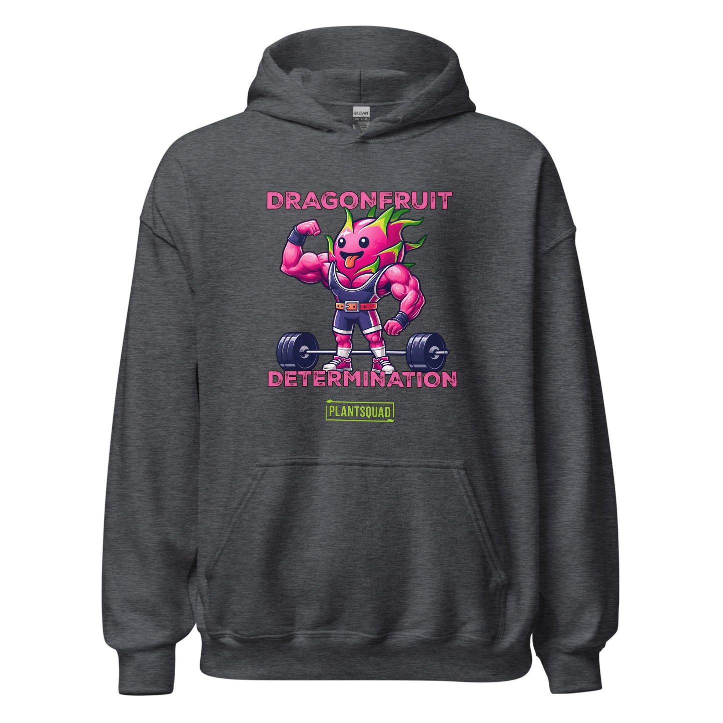 This Plantsquad Dragonfruit "Dragonfruit Determination" - Unisex Hoodie features a muscular dragonfruit character lifting barbells, with text above and below reading "Dragonfruit Determination." The bright pink dragonfruit with green spikes showcases strength and determination, promoting a vegan lifestyle. The "Plantsquad" logo is displayed at the bottom.