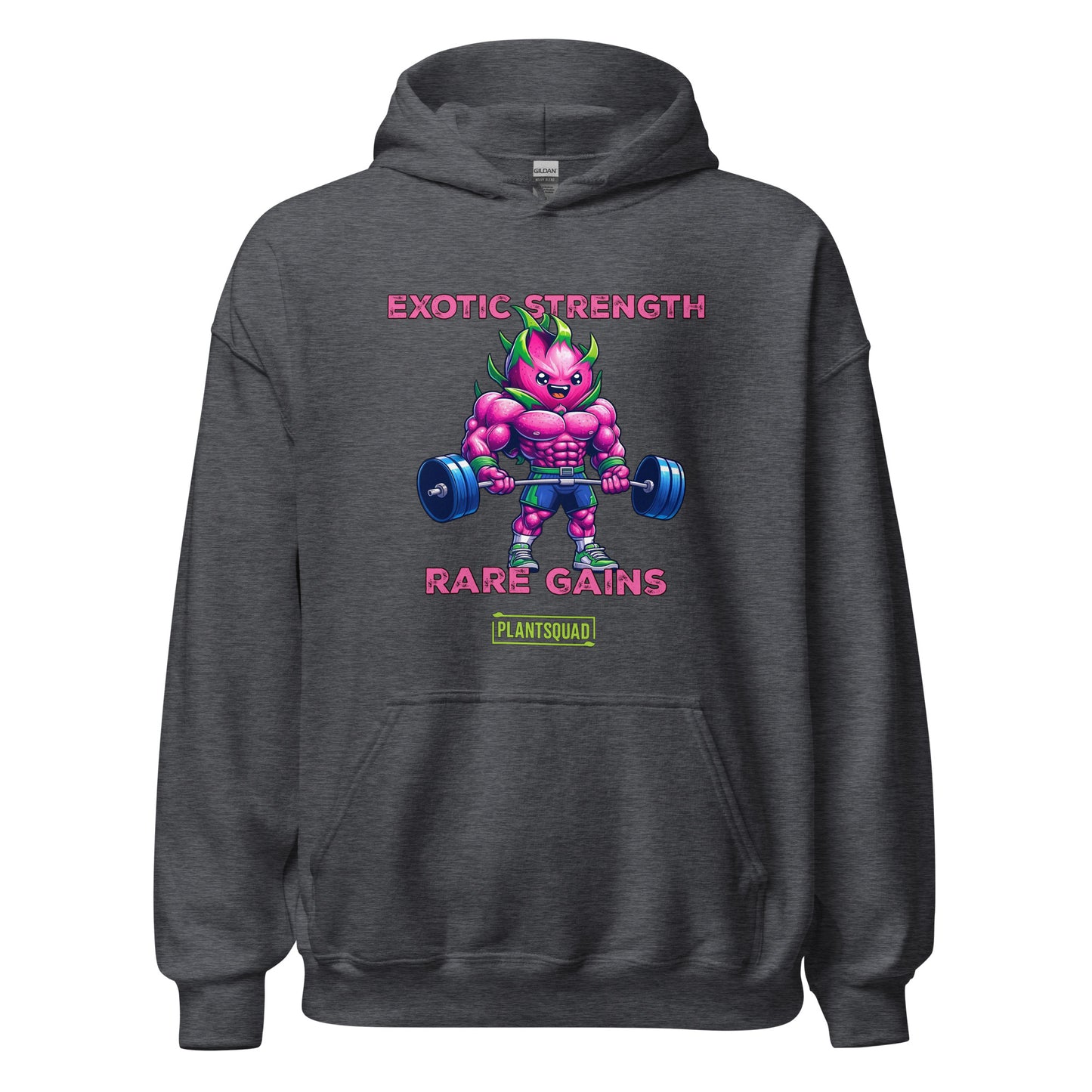 Plantsquad Dragonfruit "Exotic Strength Rare Gains" - Unisex Hoodie featuring a muscular, pink cartoon character with green hair lifting dumbbells. The text above and below the character reads "EXOTIC STRENGTH" and "RARE GAINS" in pink, with "PLANTSQUAD" in green and yellow at the bottom. Perfect for embracing a vegan lifestyle!