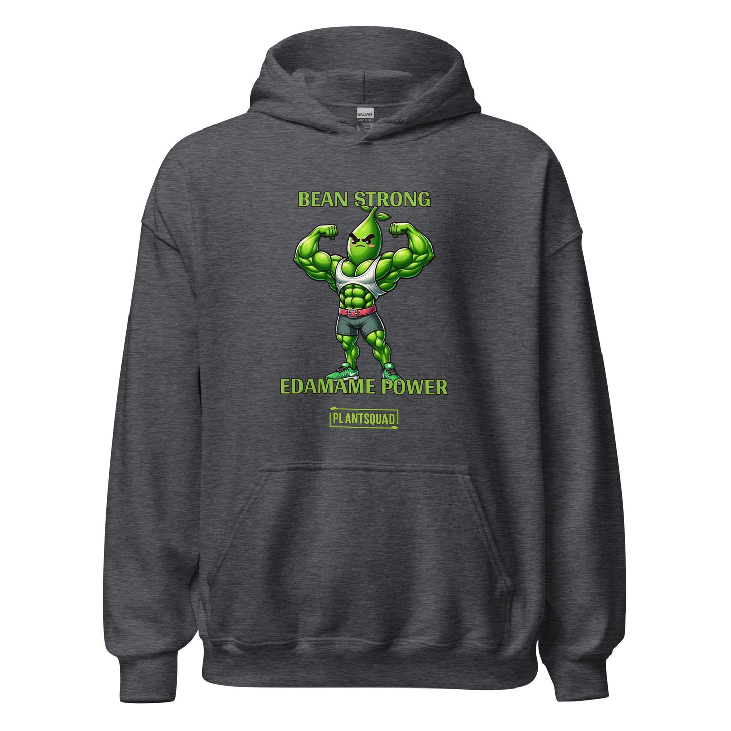 A black vegan gym hoodie featuring a muscular green bean character flexing its arms. The text above reads "BEAN STRONG" and below reads "EDAMAME POWER." Embrace the plant-based lifestyle with our Plantsquad Edamame "Bean Strong Edamame Power" - Unisex Hoodie, branded with "PLANTSQUAD" at the bottom.