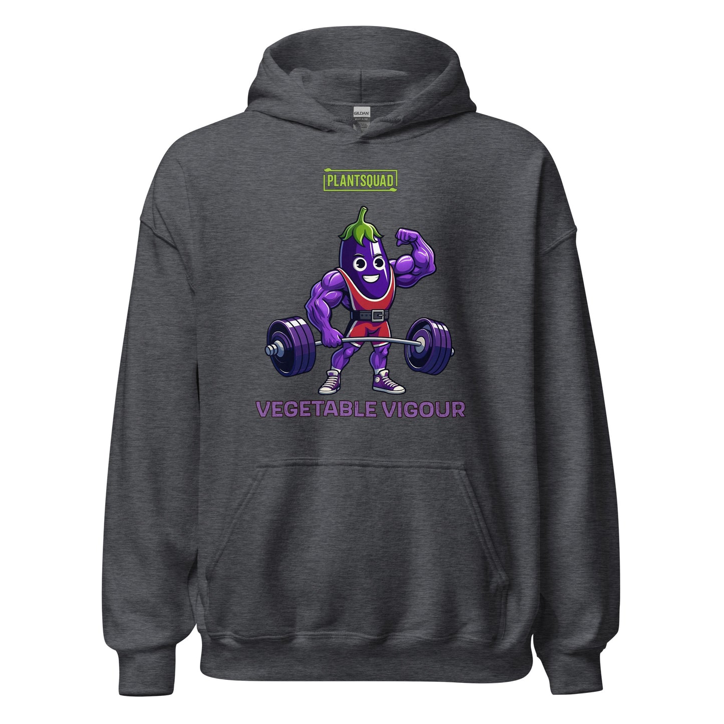 The Plantsquad Eggplant "Vegetable Vigour" - Unisex Hoodie features an illustration of a muscular cartoon vegetable lifting weights. The character is smiling and flexing one arm. The text above reads "PLANT SQUAD," and below, it says "VEGETABLE VIGOUR." Perfect for embracing the vegan lifestyle with its fun, weight-lifting theme.