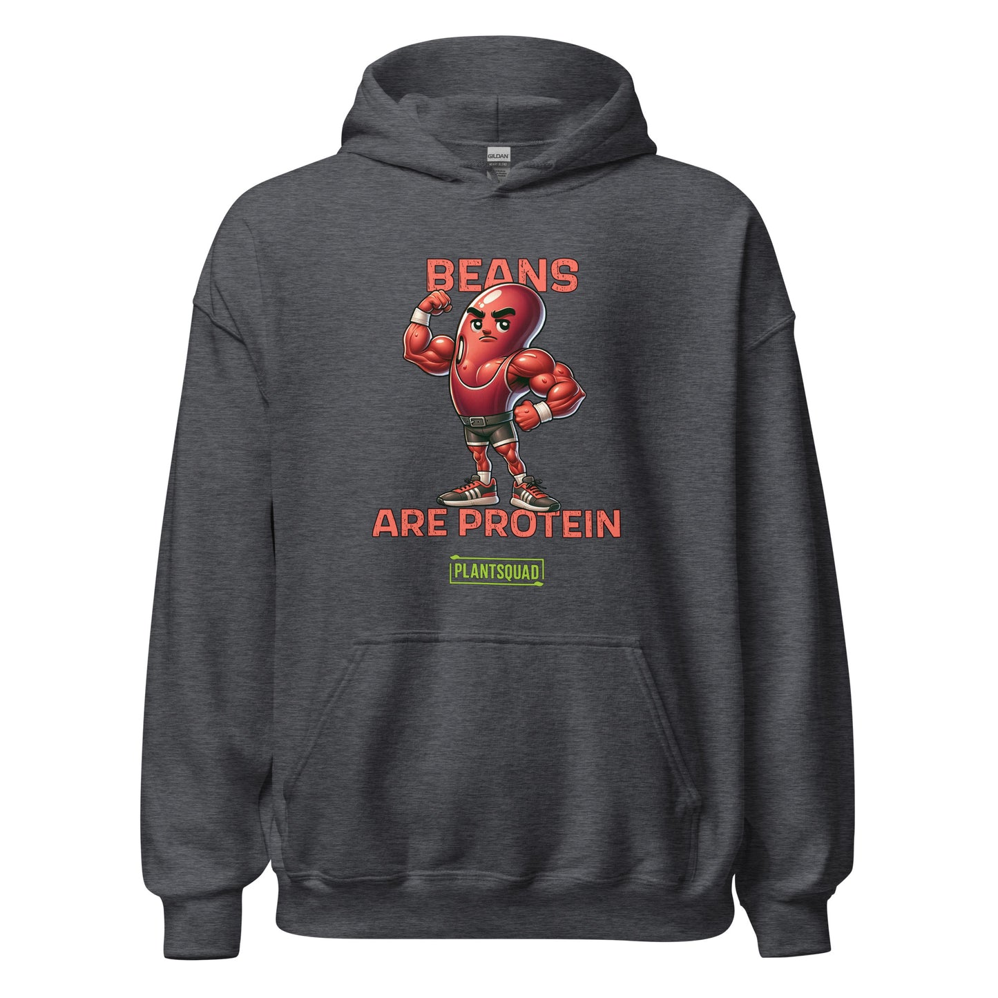 A black hoodie featuring a graphic of a muscular, anthropomorphic bean character in boxing gear, with the text "Beans Are Protein" in bold red letters above and below the image. Embrace your vegan lifestyle with this Plantsquad Kidney Bean "Beans Are Protein" - Unisex Hoodie. Below the text is a small green rectangle with the word "PLANTSQUAD.