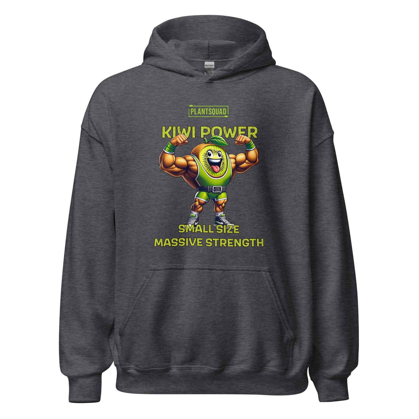 A black weight lifting hoodie featuring a cartoon kiwi character with muscular arms flexing. Above the character is the text "PLANTSQUAD" and "KIWI POWER". Below the character, it reads "SMALL SIZE MASSIVE STRENGTH" in yellow-green font, perfect for showcasing your vegan lifestyle—the Plantsquad Kiwi "Kiwi Power Small Size Massive Strength" - Unisex Hoodie.