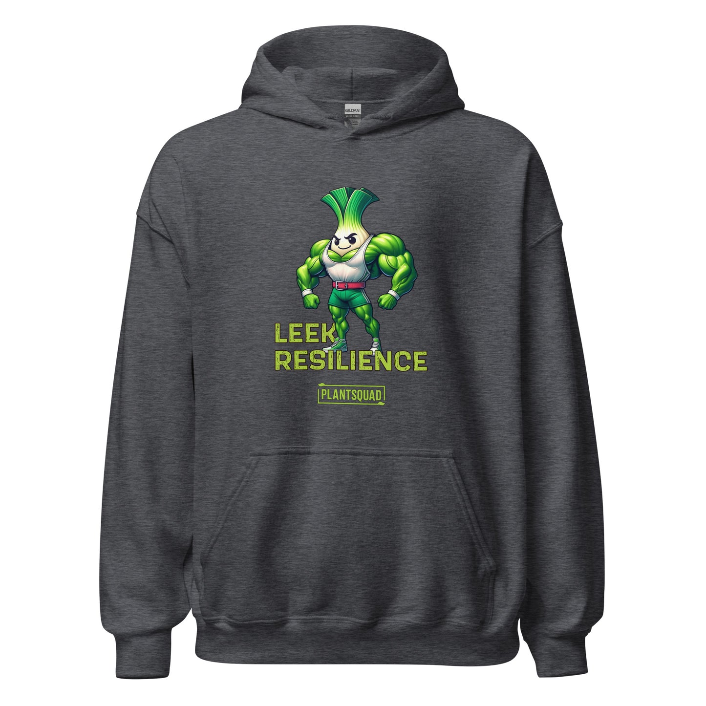 A black *Plantsquad Leek "Leek Resilience" - Unisex Hoodie* featuring an animated muscular leek character. The leek, with muscular arms and a confident pose, is accompanied by the text "Leek Resilience" above and "Plantsquad" below. Made from cozy fabric, this hoodie is perfect for those embracing a vegan lifestyle.