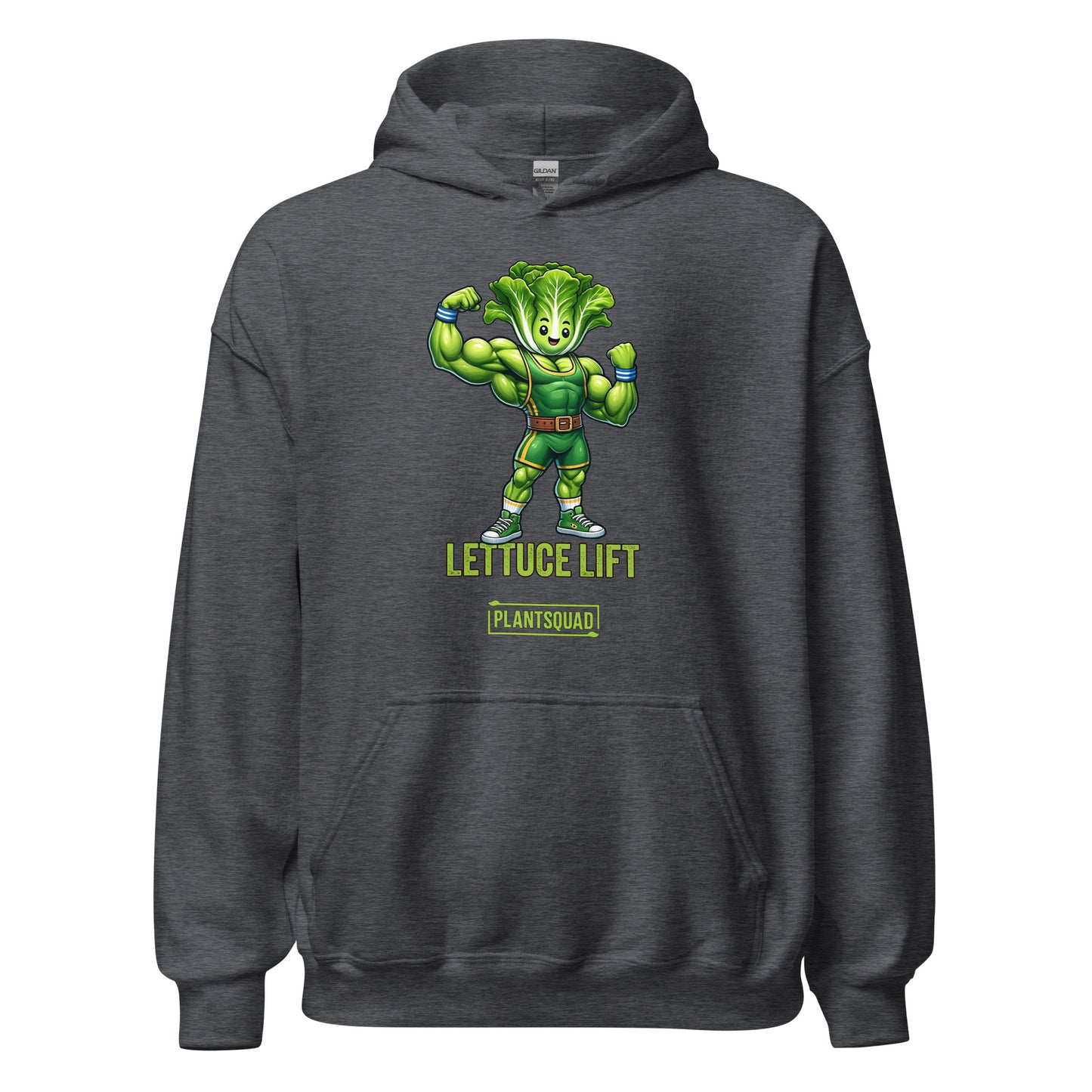 The Plantsquad Lettuce "Lettuce Lift" - Unisex Hoodie features a cartoon muscular head of lettuce with a determined expression, flexing its arms. Below it, the text reads "LETTUCE LIFT" in bold yellow-green letters and "PLANTSQUAD" in a smaller green banner - perfect for embracing your vegan lifestyle and weight lifting passion.