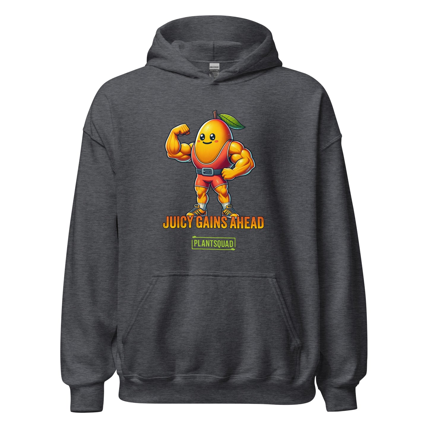 A black Plantsquad Mango "Juicy Gains Ahead" - Unisex Hoodie features a muscular mango cartoon flexing its biceps, donning a green leaf on its head. Below the mango, the text reads "Juicy Gains Ahead" in bold orange letters and "Plant Squad" in a green rectangular box, perfect for showcasing your vegan lifestyle.