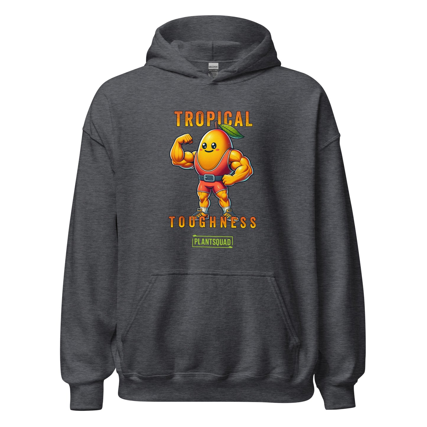 A Plantsquad Mango "Tropical Toughness" - Unisex Hoodie features a muscular, anthropomorphic mango character wearing superhero gear. The character is flexing its muscles, showcasing the benefits of a vegan lifestyle. Above it, text reads "Tropical Toughness," and below, a green label says "PLANTSQUAD.