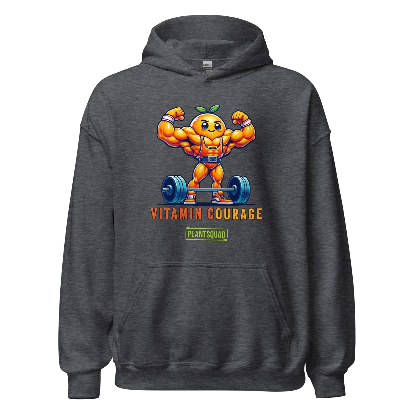 A Plantsquad Orange "Vitamin Courage" - Unisex Hoodie featuring a muscular, anthropomorphic orange lifting a barbell. The text "VITAMIN COURAGE" is written below the graphic, with "PLANTSQUAD" in a green rectangle underneath. Perfect for those embracing a vegan lifestyle.