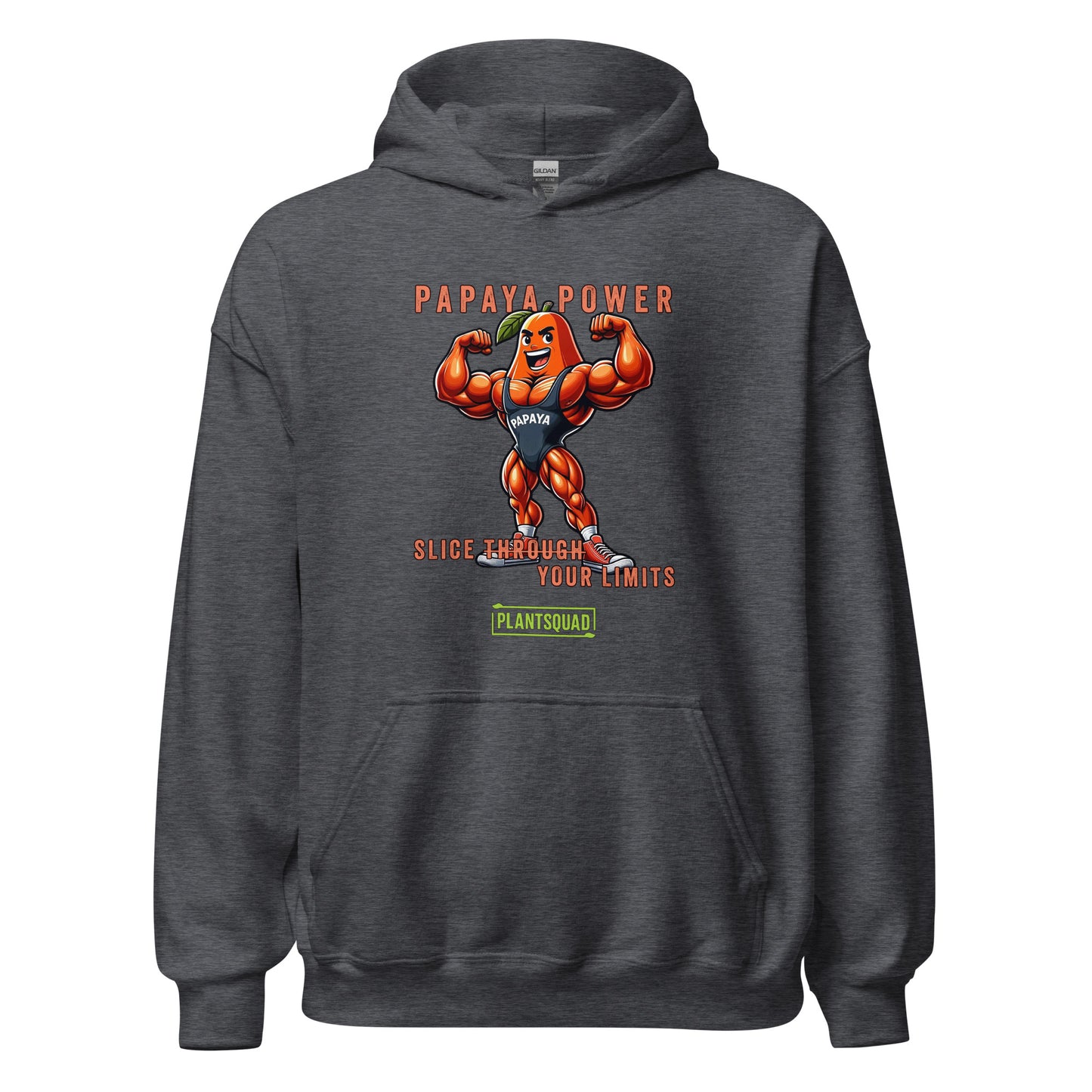 Plantsquad Payapa "Papaya Power Slice Through Your Limits" - Unisex Hoodie, displaying an illustrated muscular orange papaya character flexing, accompanied by the text "Papaya Power" at the top. Below the character, the text reads "Slice Through Your Limits." Perfect for your vegan lifestyle and weight lifting sessions, it features a green logo labeled "Plantsquad.