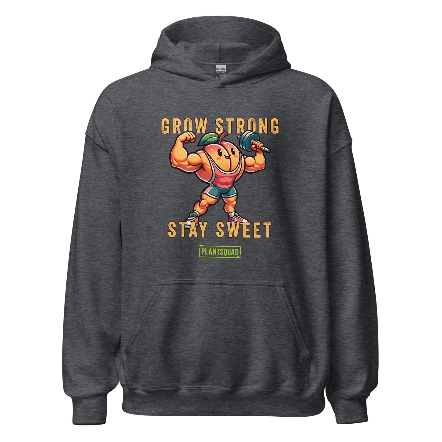 The Plantsquad Peach "Grow Strong Stay Sweet" - Unisex Hoodie features a cheerful, muscular cartoon orange lifting dumbbells. The text above and below the orange reads "Grow Strong Stay Sweet" with a small green label at the bottom that says "PLANTSQUAD." Made from cozy fabric, it's perfect for promoting a vegan lifestyle.