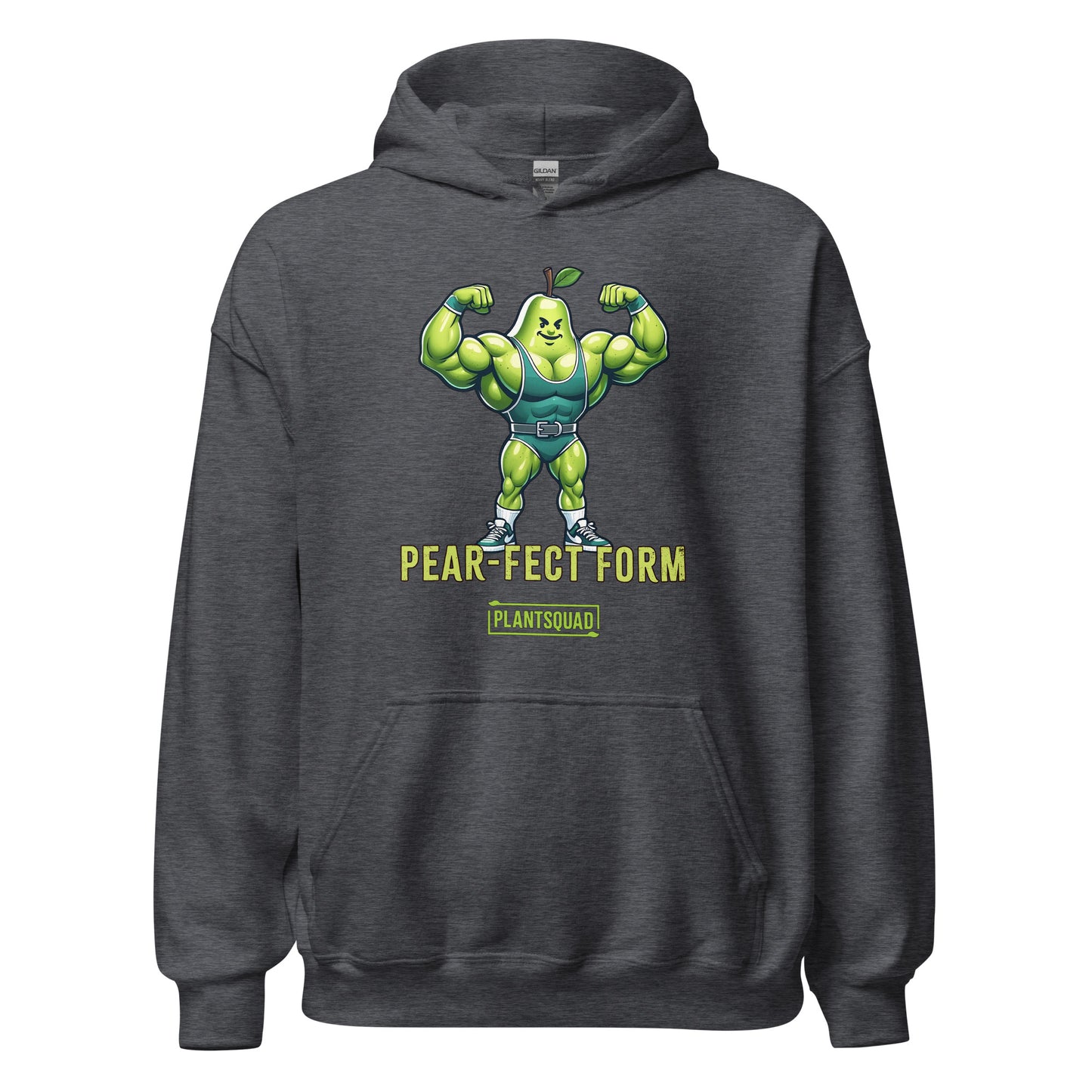 Plantsquad Pear "Pear-fect Form" - Unisex Hoodie featuring a cozy fabric and an illustration of a muscular pear cartoon flexing its biceps while wearing a blue weightlifting belt. The text underneath the pear reads "Pear-Fect Form" and below that is the logo "PlantSquad," perfect for showcasing your vegan lifestyle.