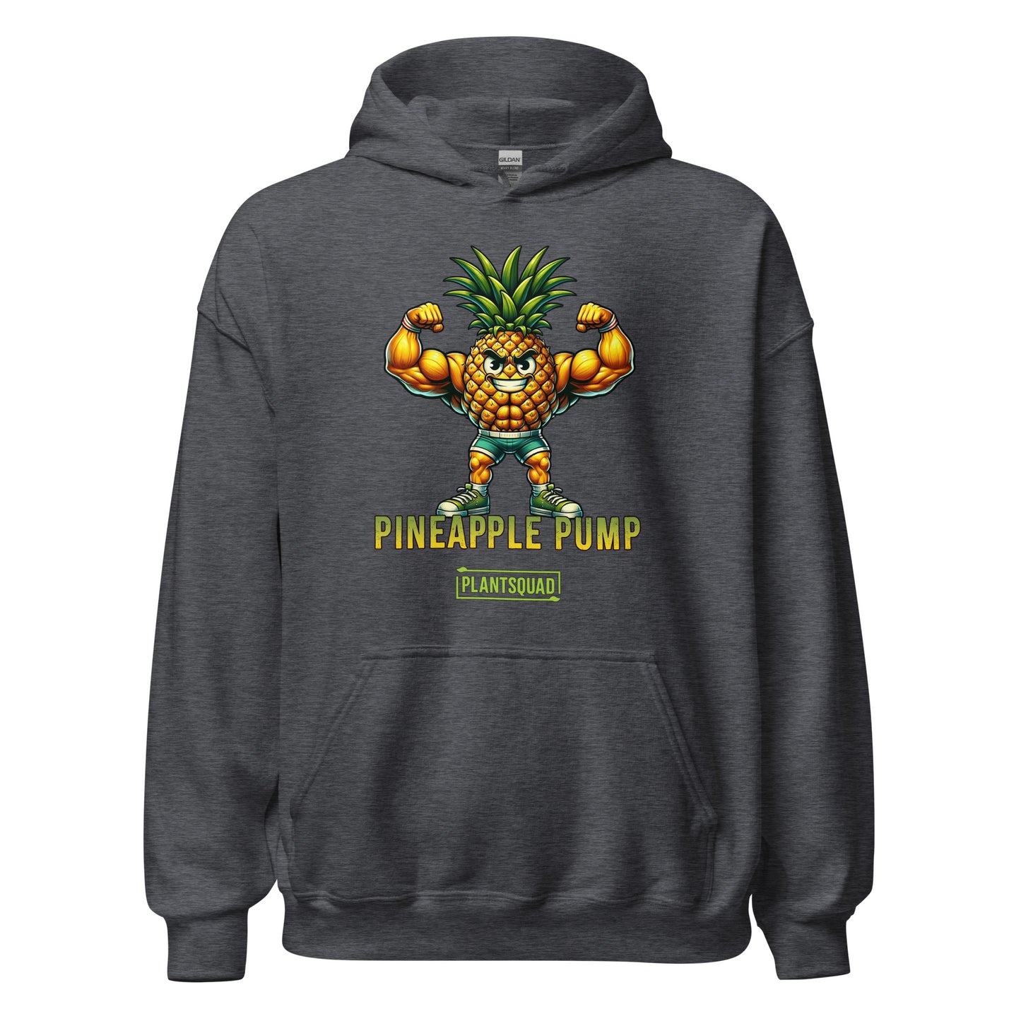 A black hooded sweatshirt features a muscular, anthropomorphic pineapple flexing its arms. Below the pineapple, the text reads "Pineapple Pump" with the brand name "PlantSquad" underneath. Perfect for gym enthusiasts embracing a vegan lifestyle, this Plantsquad Pineapple "Pineapple Pump" - Unisex Hoodie is both stylish and motivating.